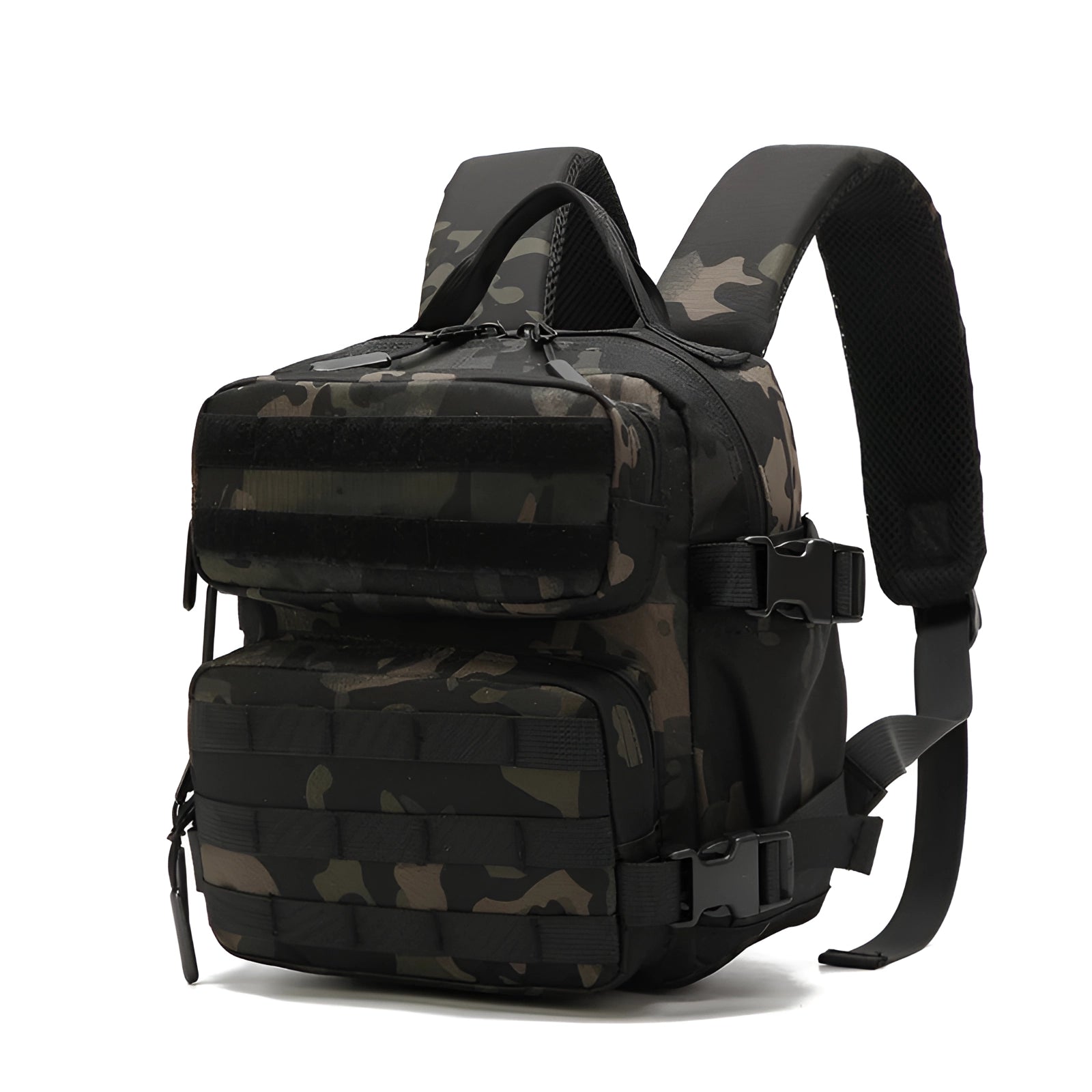 Black tactical backpack designed for women, featuring a lightweight construction with MOLLE webbing, multiple pockets, and adjustable straps, suitable for everyday carry and travel.