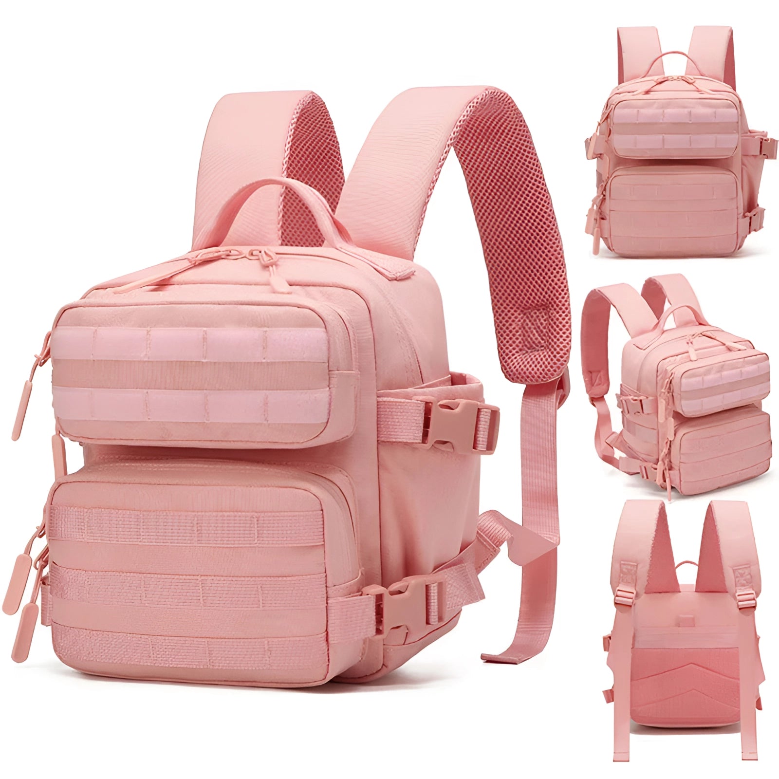 Pink tactical backpack for women, featuring a lightweight and durable design with MOLLE compatibility, multiple pockets, and a magenta hue.