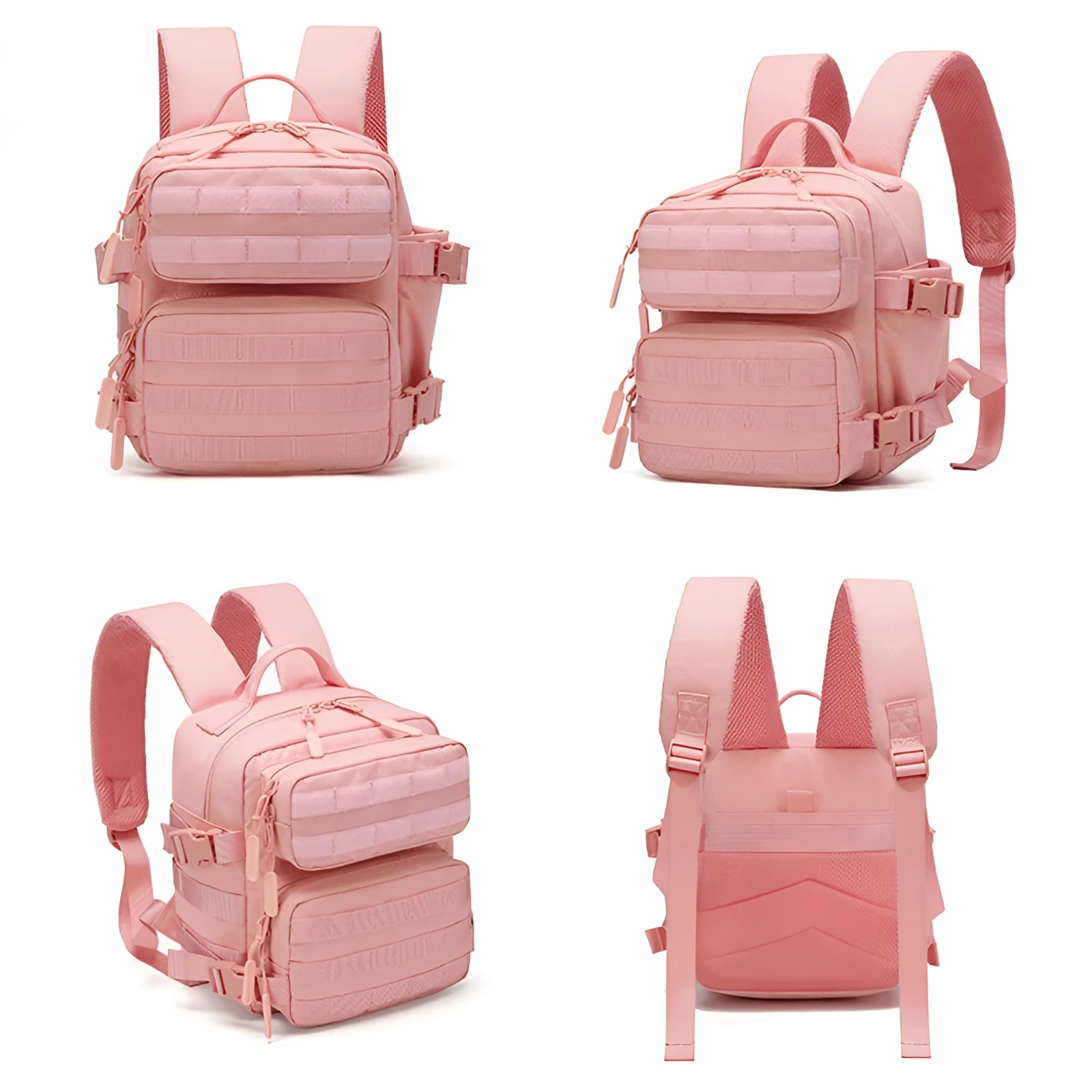 Pink tactical backpack designed for women, featuring a lightweight MOLLE system with multiple pockets, suitable for everyday carry and travel.