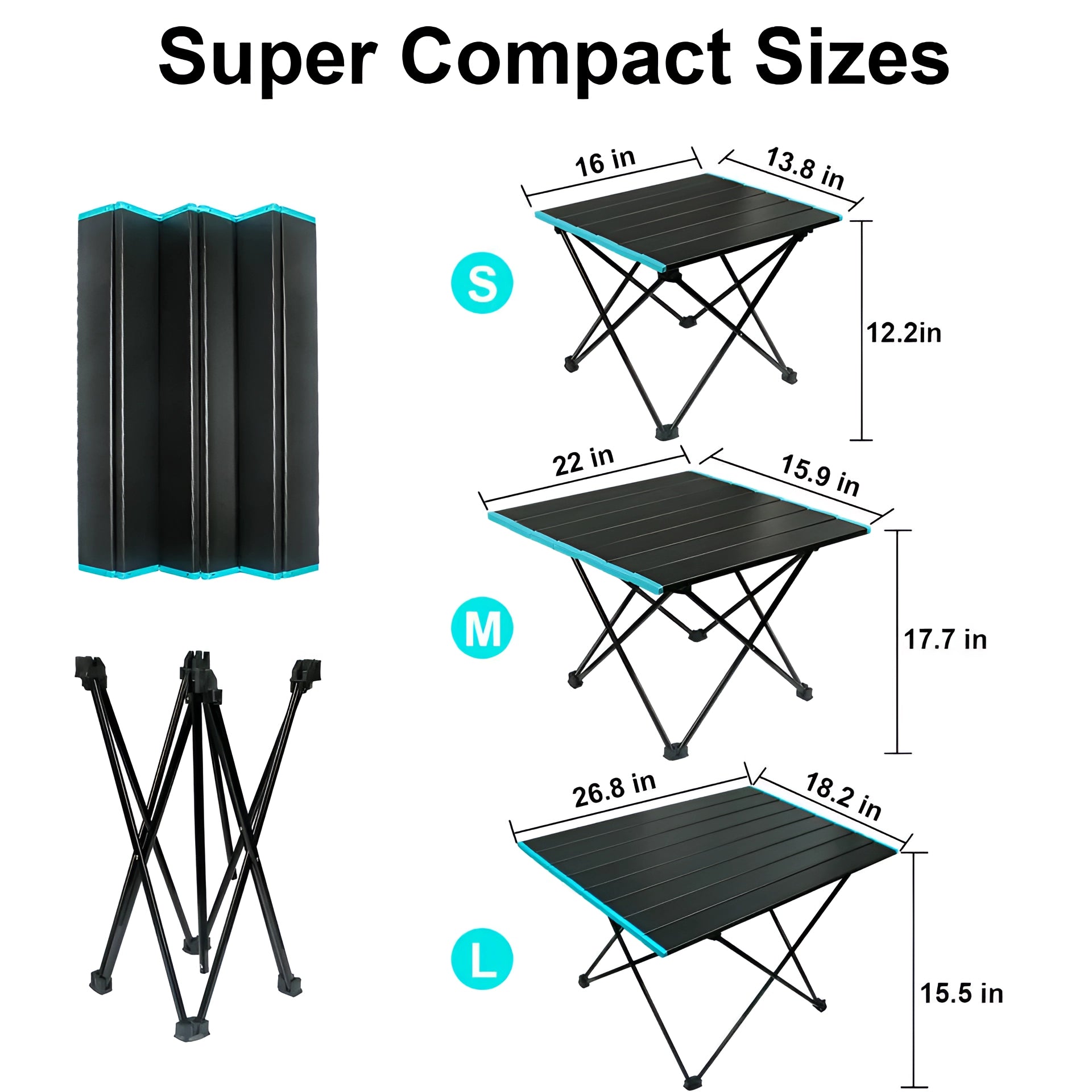 Portable black aluminum folding camping table with carrying bag displayed in a folded position.