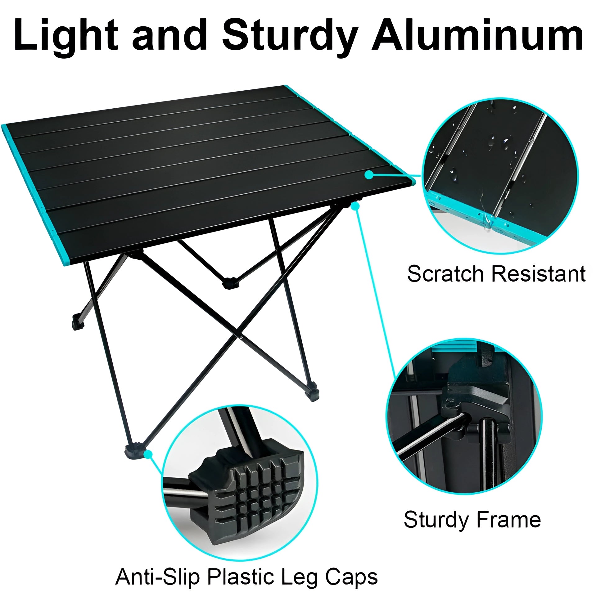 Portable black aluminum folding camping table with carrying bag displayed outdoors.