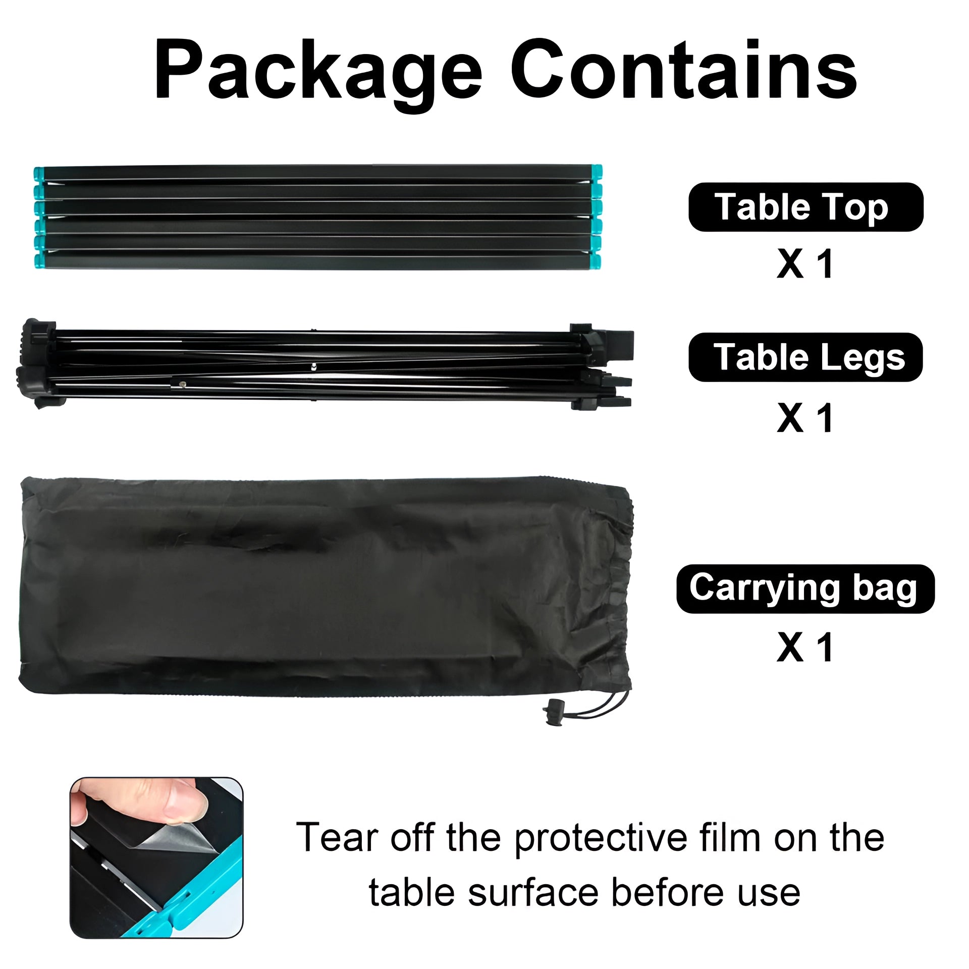 Portable black aluminum folding camping table with carrying bag, rectangular design, set up on an outdoor surface.