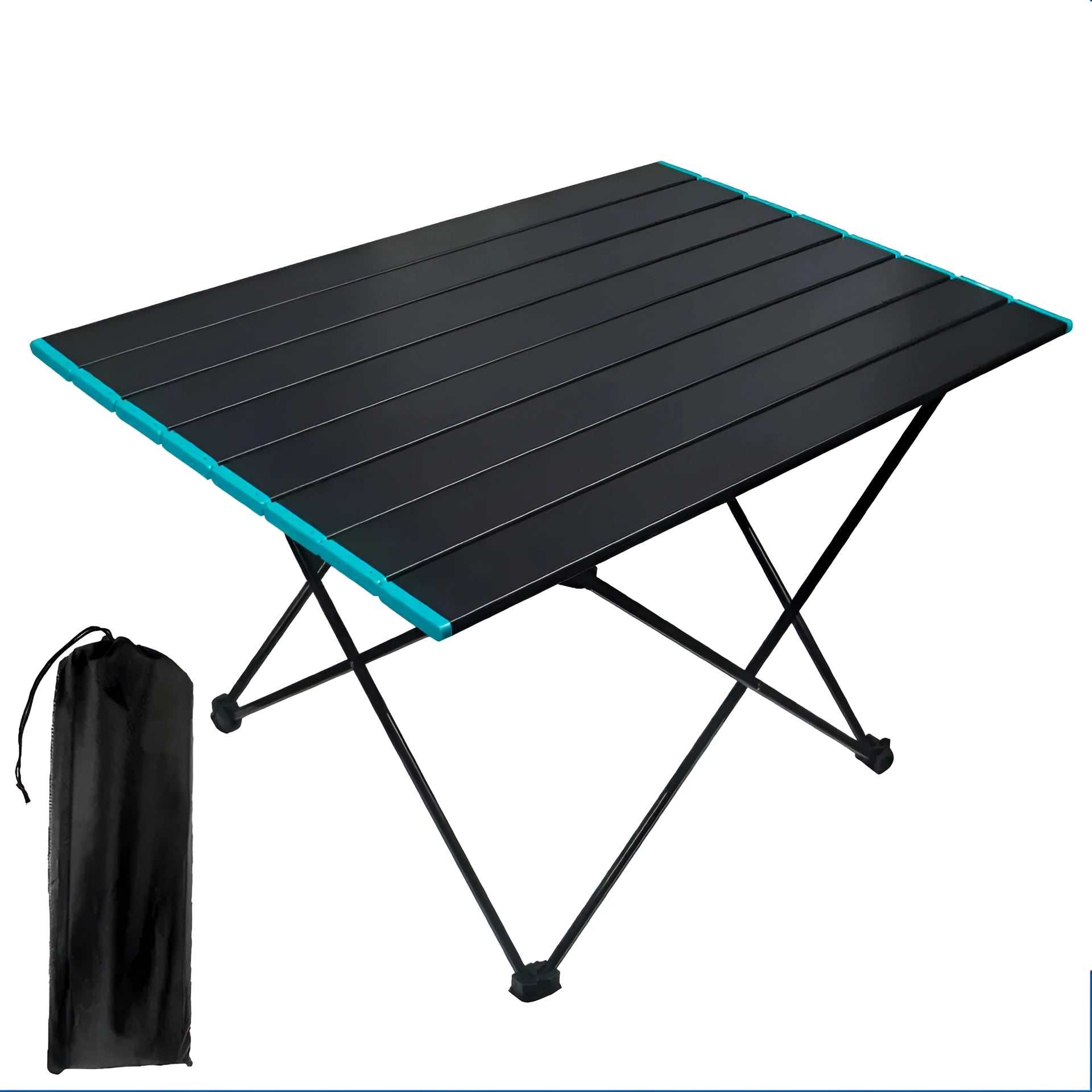 Portable black aluminum folding camping table with carrying bag, large size (26.8x18.2x15.5 inches), rectangular shape, suitable for outdoor use.