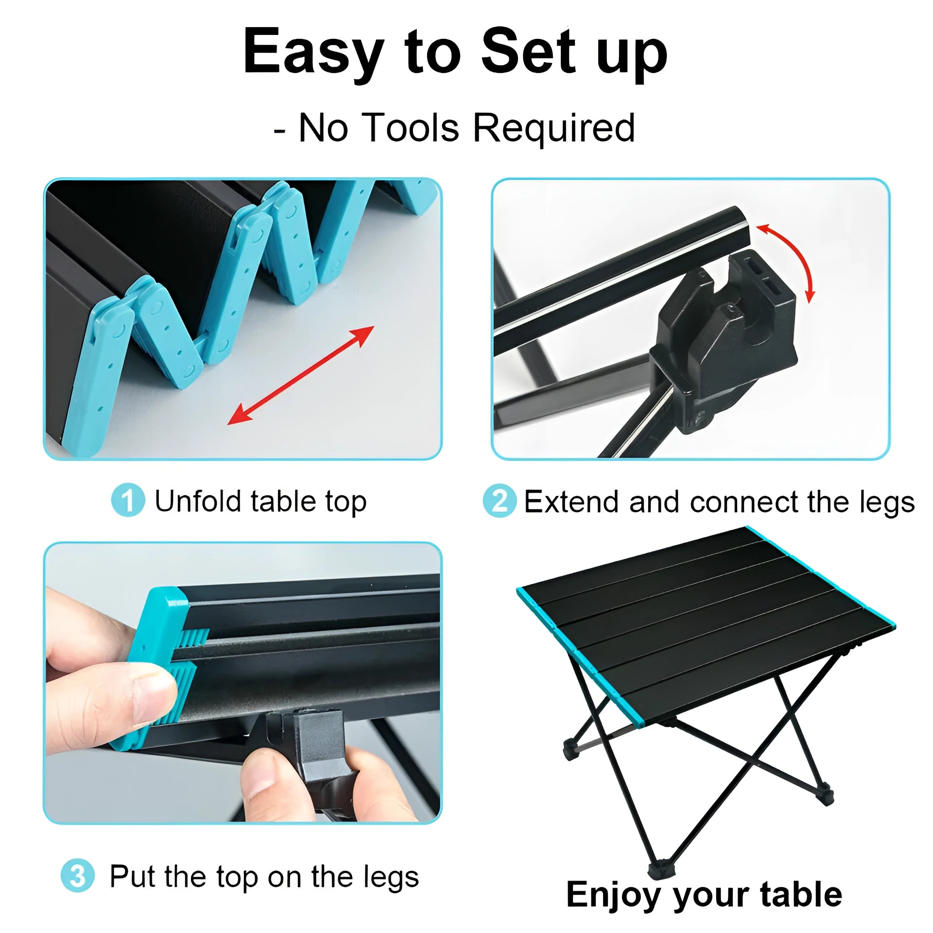 Portable black aluminum folding camping table with carrying bag, rectangular shape, shown folded with visible carrying bag.