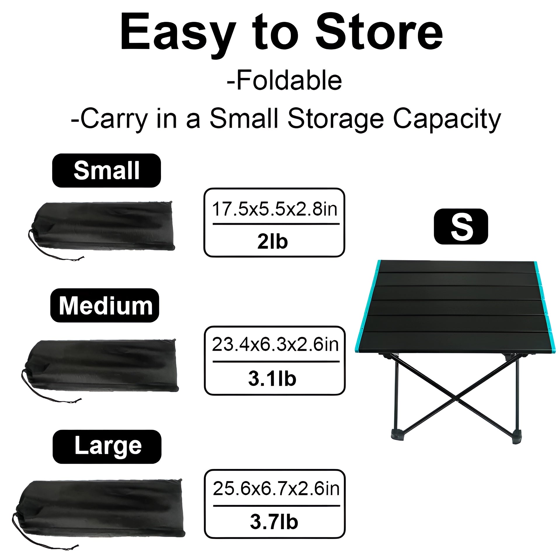 Portable black aluminum folding camping table with carrying bag, rectangular in shape, shown folded and parallel, highlighting portability and design.