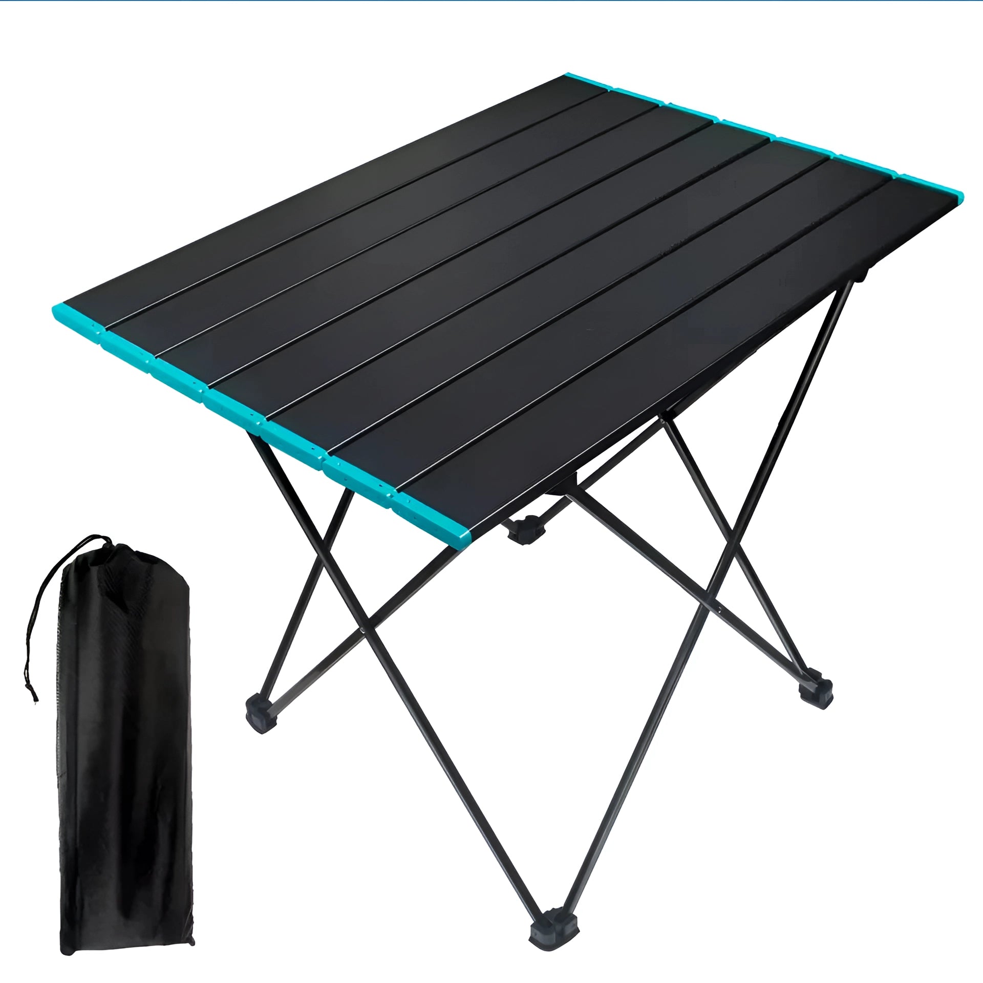 Portable black aluminum folding camping table with carrying bag, medium size (22x15.9x17.7 inches), rectangular outdoor furniture.