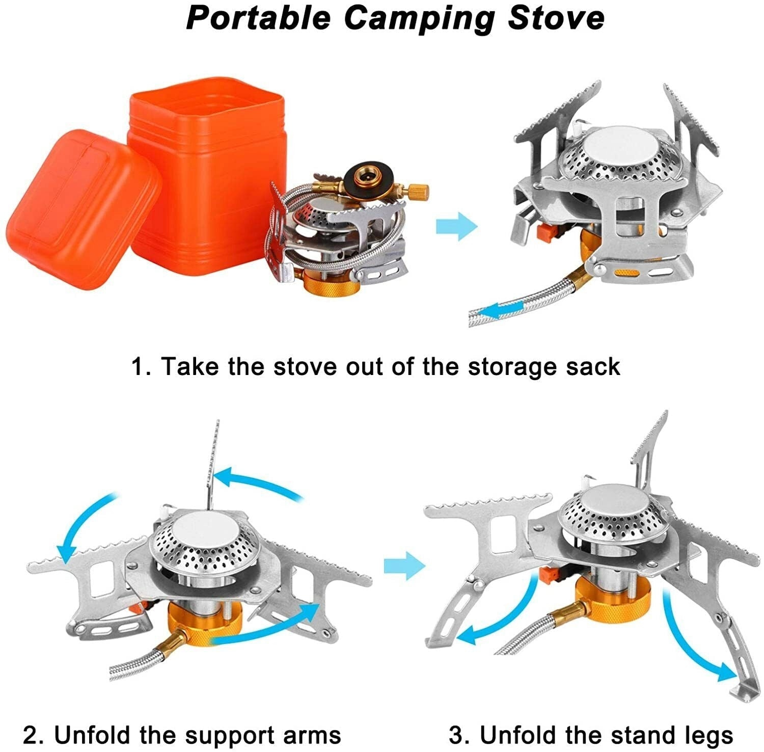 Portable camping stove with lightweight, wind-resistant design and high-efficiency burner featuring advanced engineering and technology.