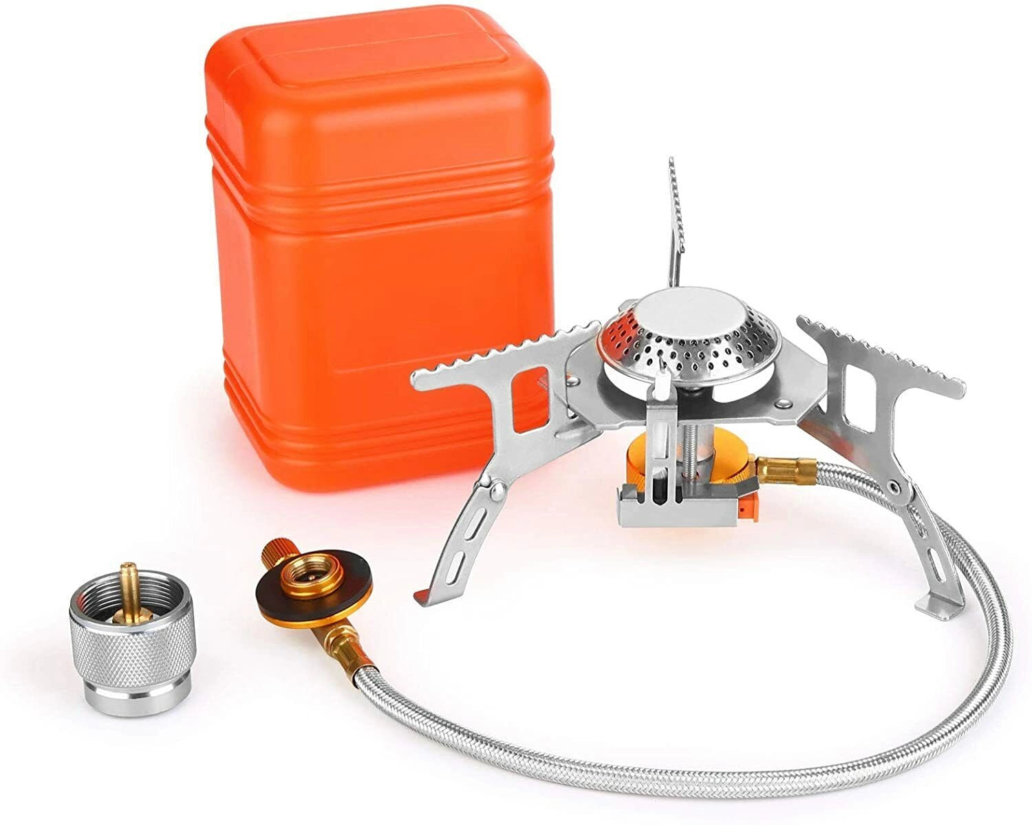 Portable camping stove with lightweight design, wind-resistant features, and high-efficiency burner.