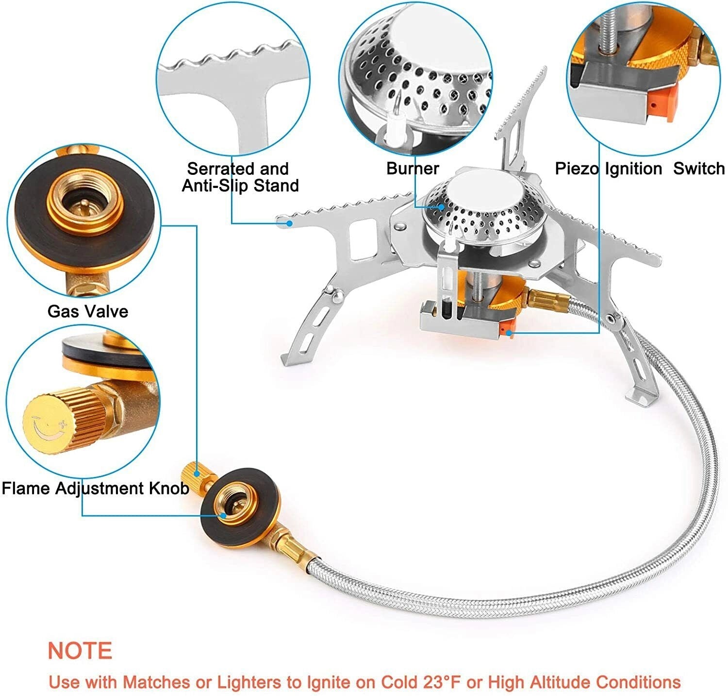 Portable camping stove with lightweight design and high-efficiency burner on display, featuring wind-resistant construction.