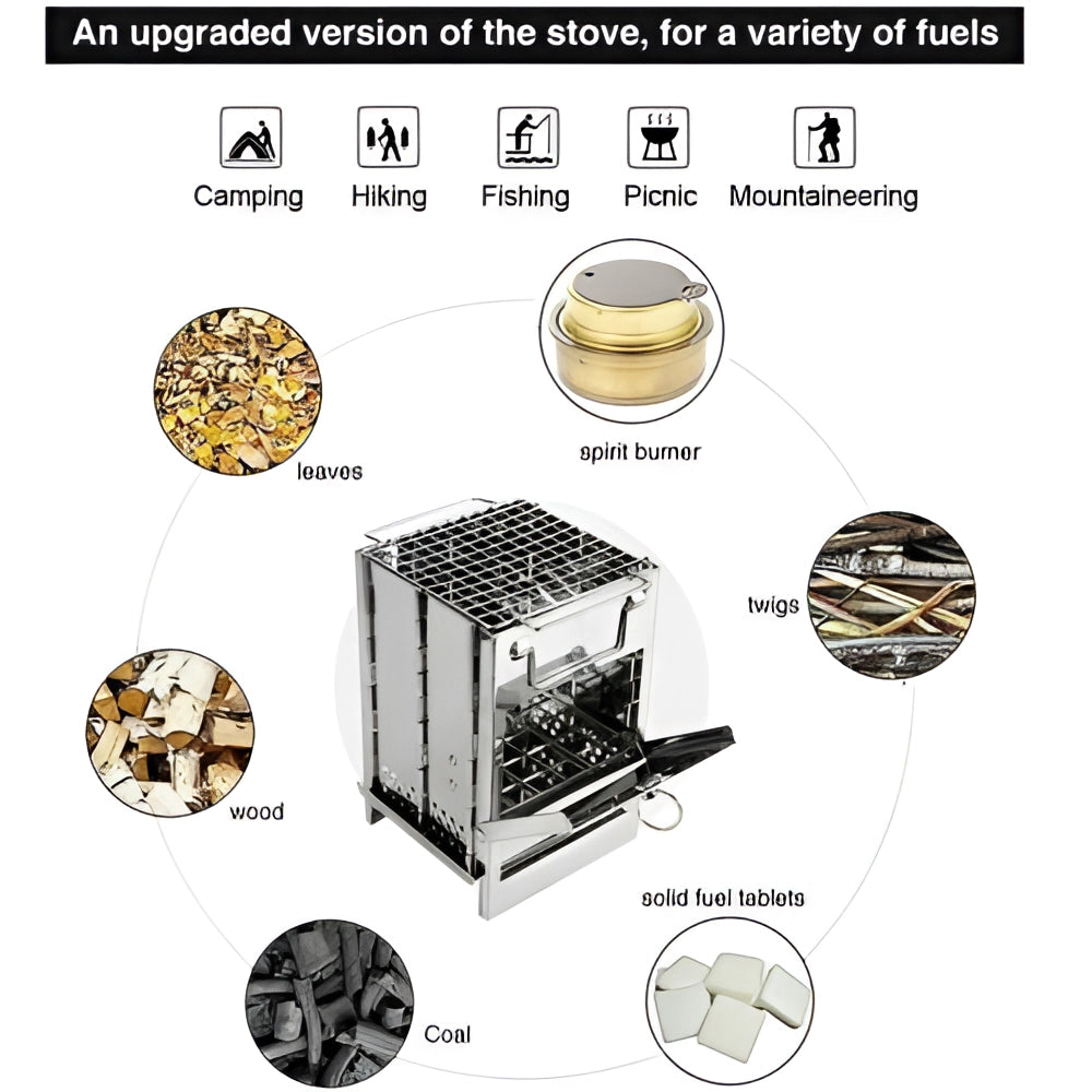 Portable collapsible stainless steel wood burning stove with compact outdoor BBQ grill setup.