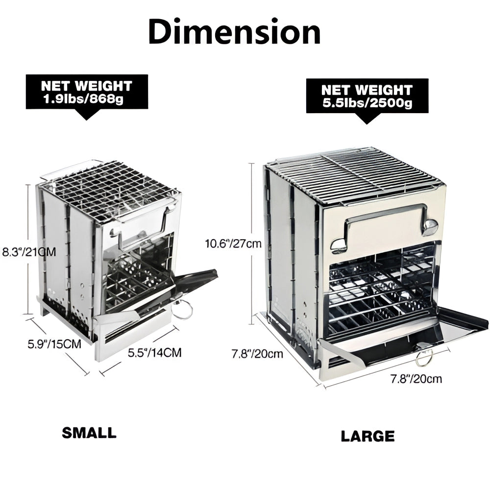 Portable collapsible stainless steel wood burning stove, large size, compact outdoor BBQ grill, rectangular design with cylindrical components, suitable for cooking.