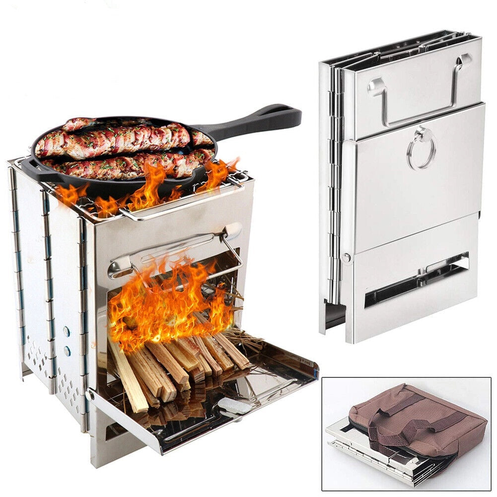 Portable collapsible stainless steel wood burning stove used as a compact outdoor BBQ grill, displayed with food being cooked, showcasing its utility as a kitchen and home appliance for outdoor cuisine and recipes.