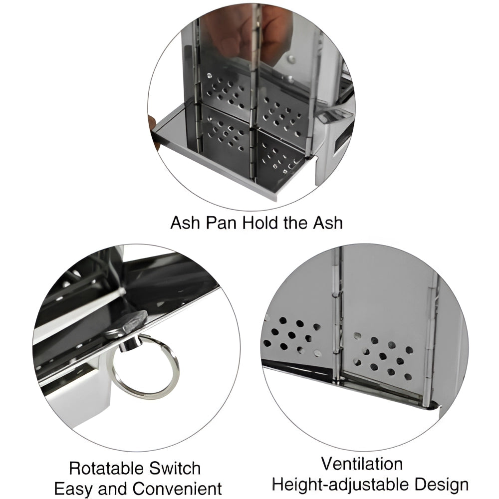 Portable collapsible stainless steel wood burning stove for outdoor BBQ grilling, compact design with foldable legs and cooking grill.