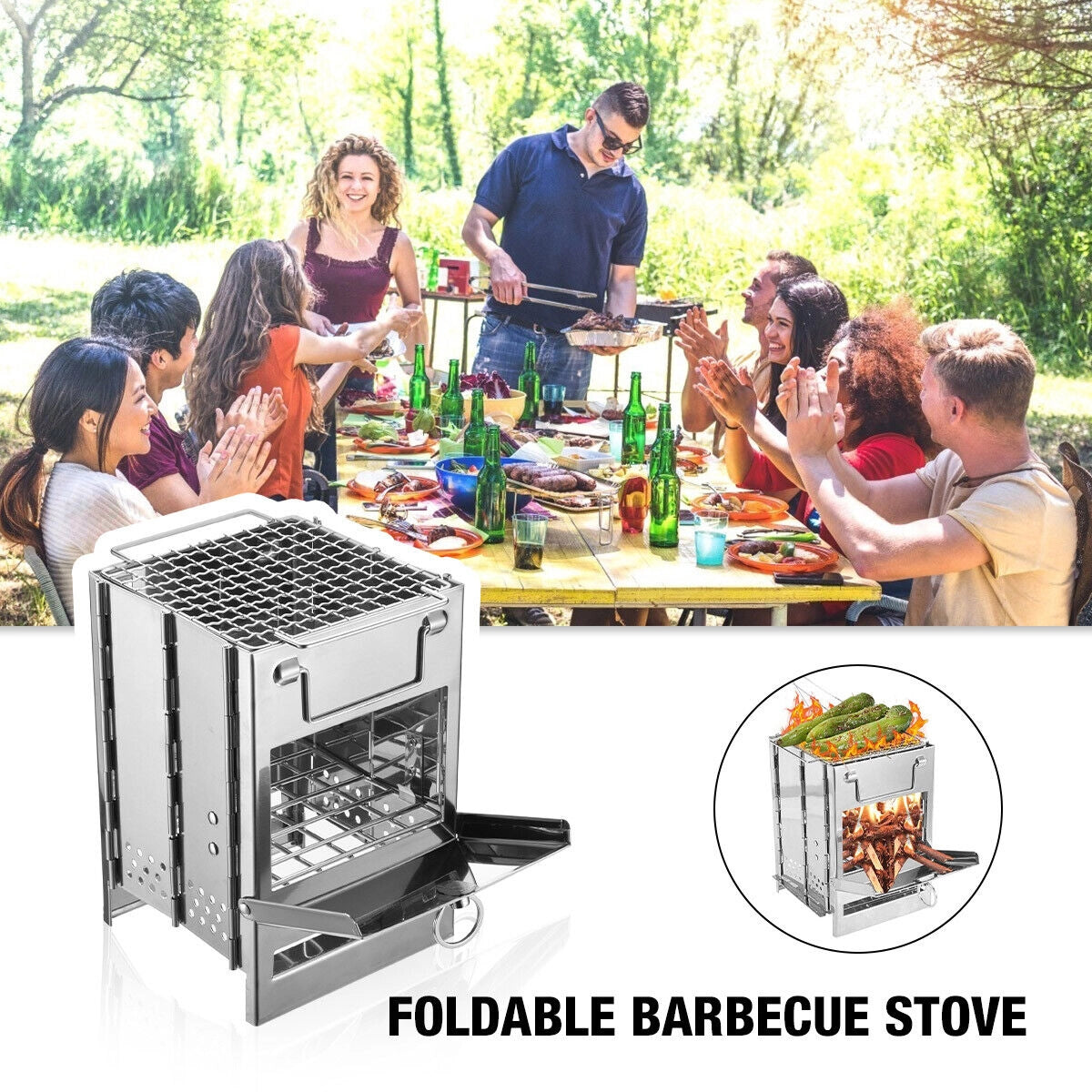 Portable collapsible stainless steel wood burning stove set up on a table outdoors, surrounded by food, bottles, and plants, suggesting a leisure barbecue setting.