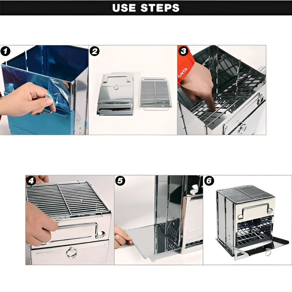 Portable collapsible stainless steel wood burning stove, compact outdoor BBQ grill, folded and displayed on a white background.