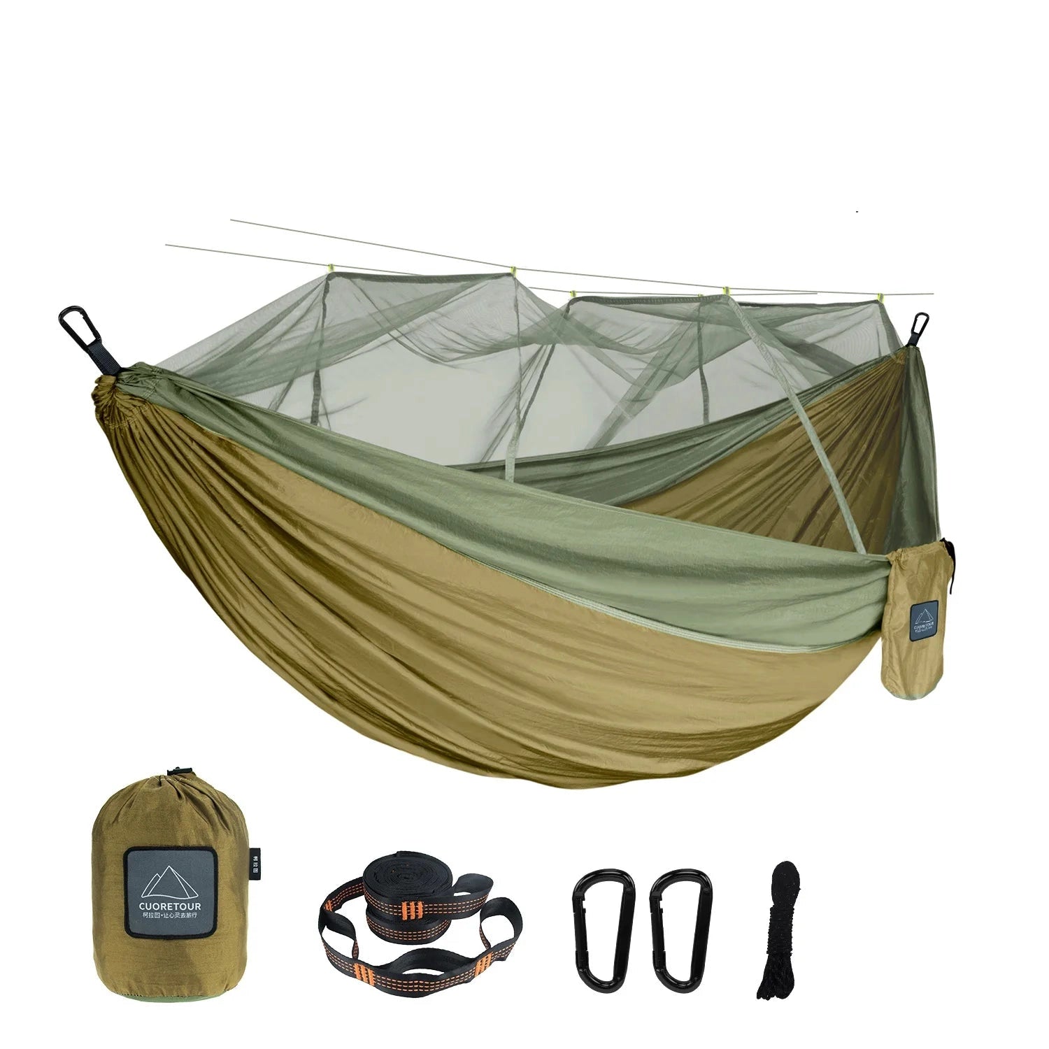 Portable double nylon camping hammock with mosquito net and tree straps set up between two trees in an outdoor setting.