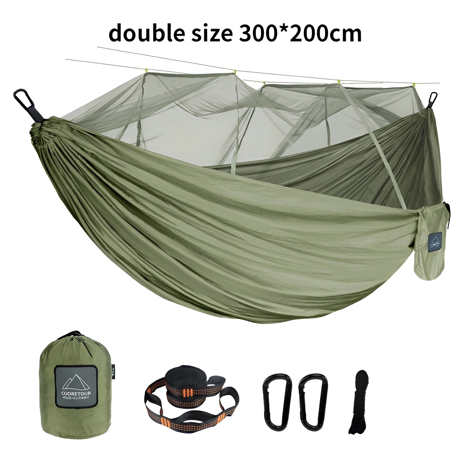 Portable double nylon camping hammock in army green with attached mosquito net and included tree straps, set up outdoors.