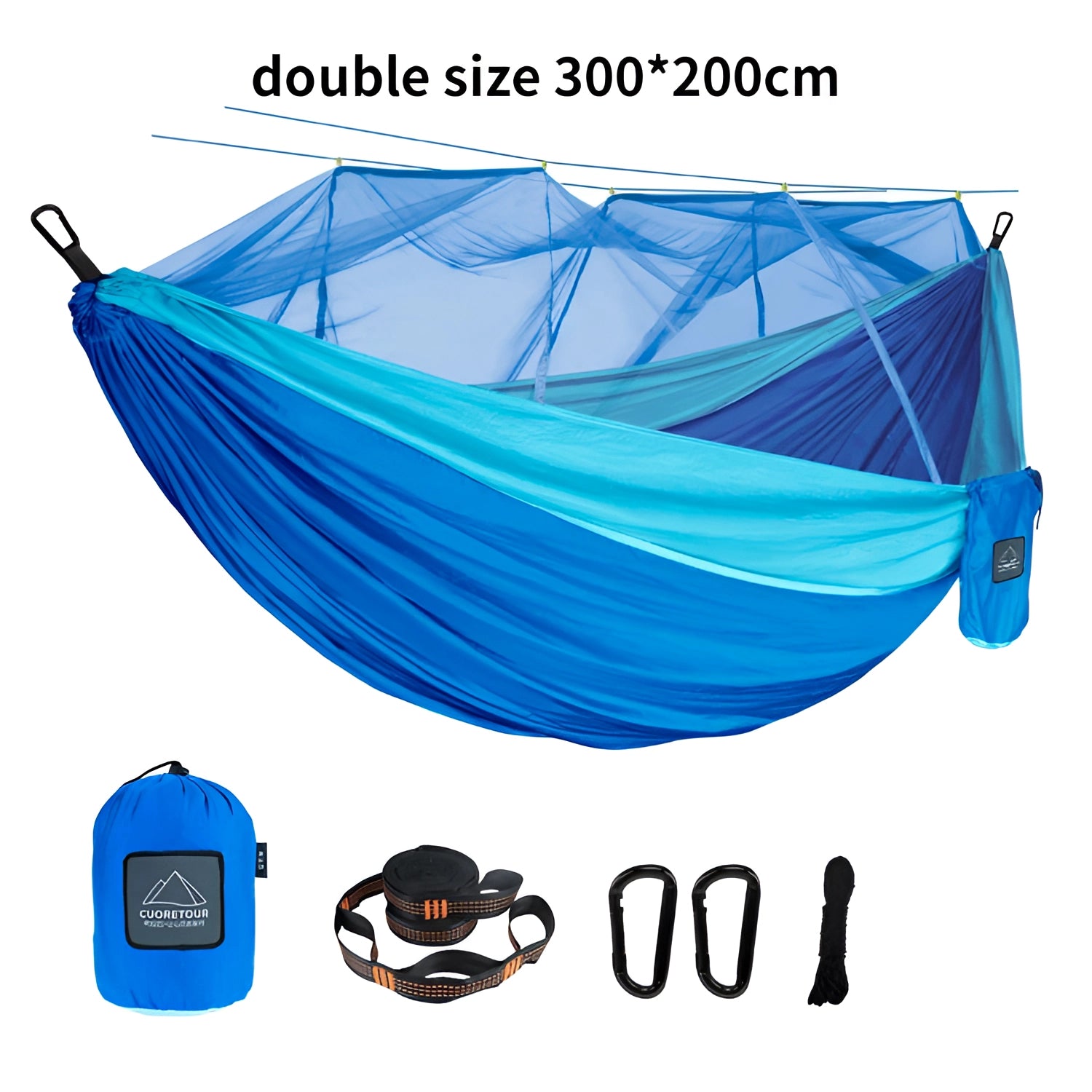 Portable double blue nylon camping hammock with mosquito net and tree straps.