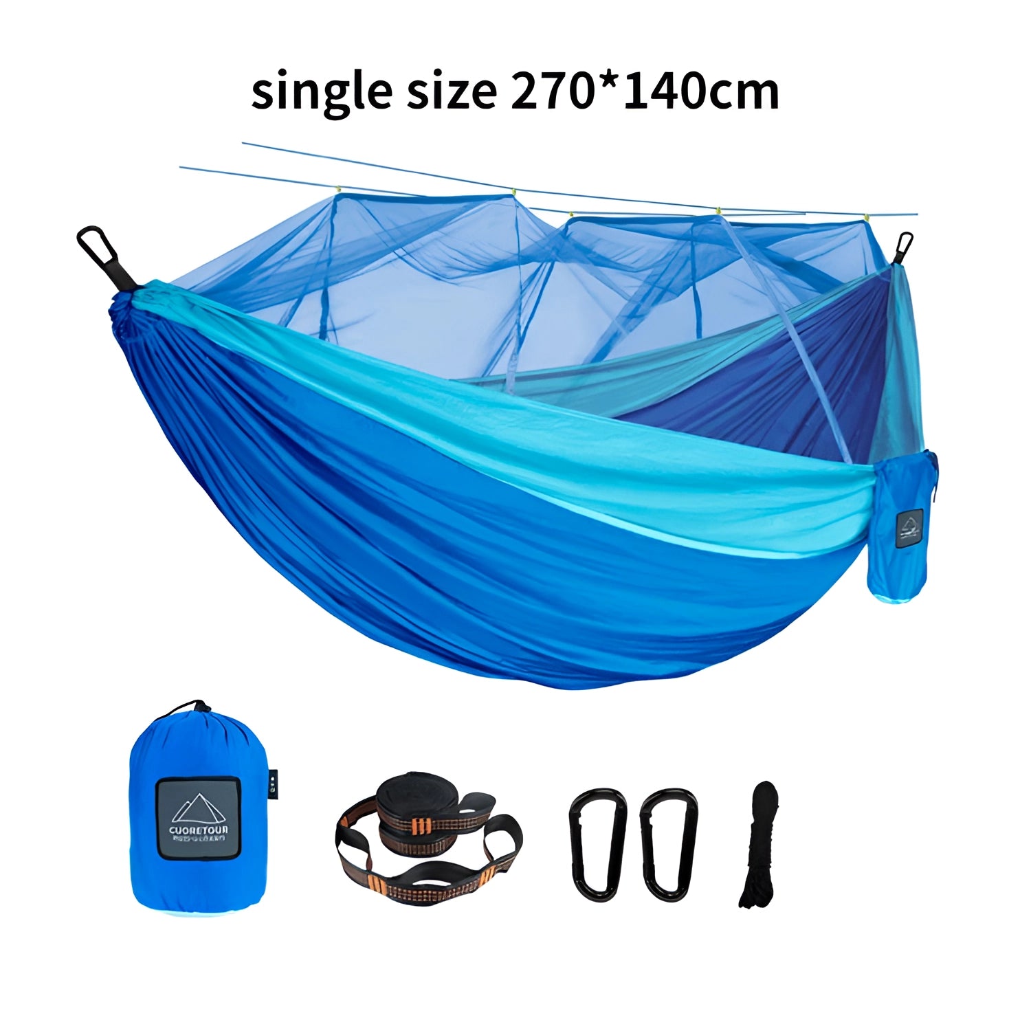 A single blue portable double nylon camping hammock with mosquito net and tree straps.