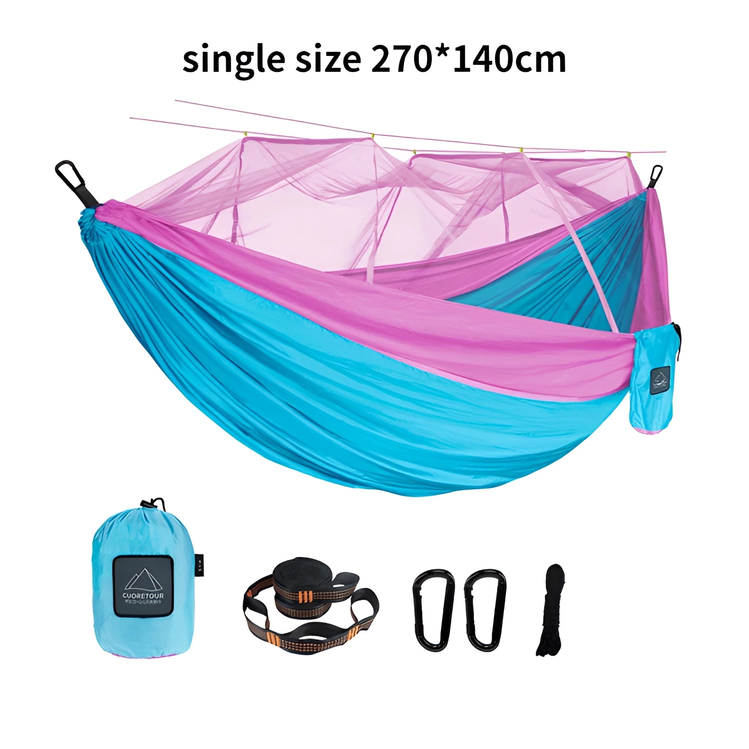 Portable double nylon camping hammock with mosquito net and tree straps in blue and pink color.