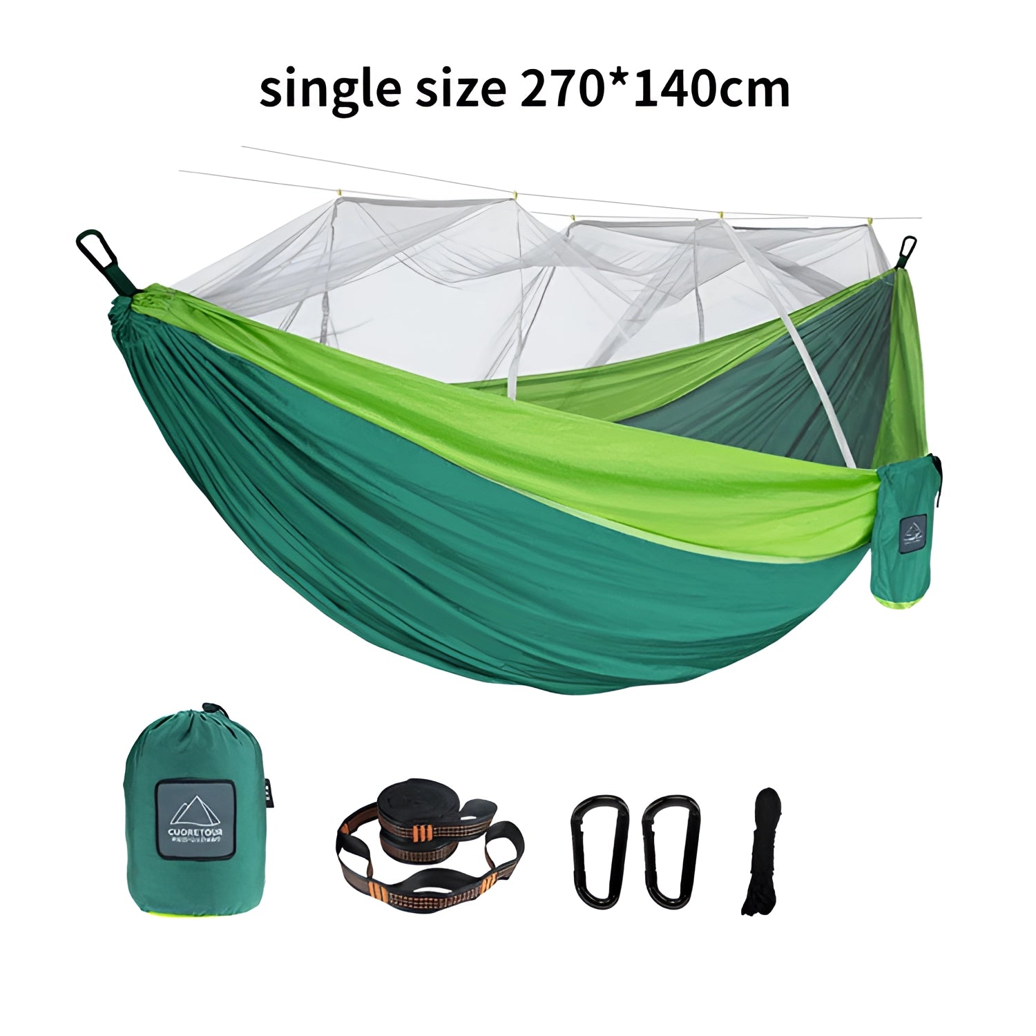 Portable double nylon camping hammock with mosquito net and tree straps in single green color.