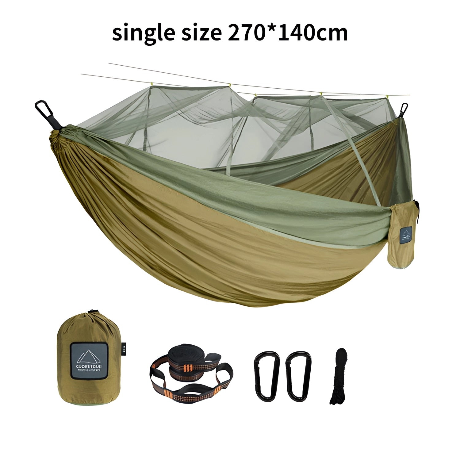 Portable double nylon camping hammock with mosquito net and tree straps in single brown green color, set up outdoors between trees.