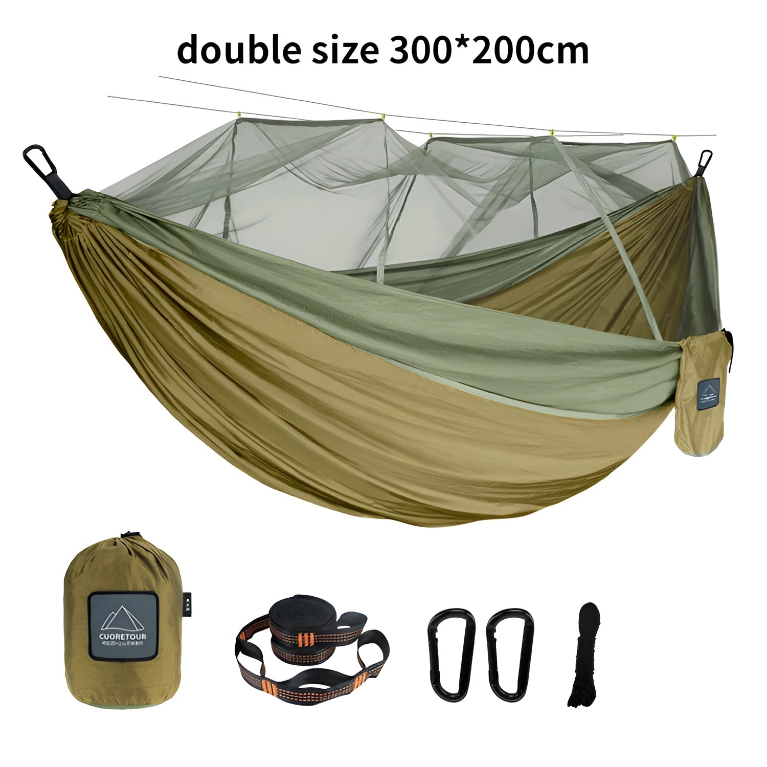 Portable double nylon camping hammock in brown and green with mosquito net and tree straps, set up between trees.