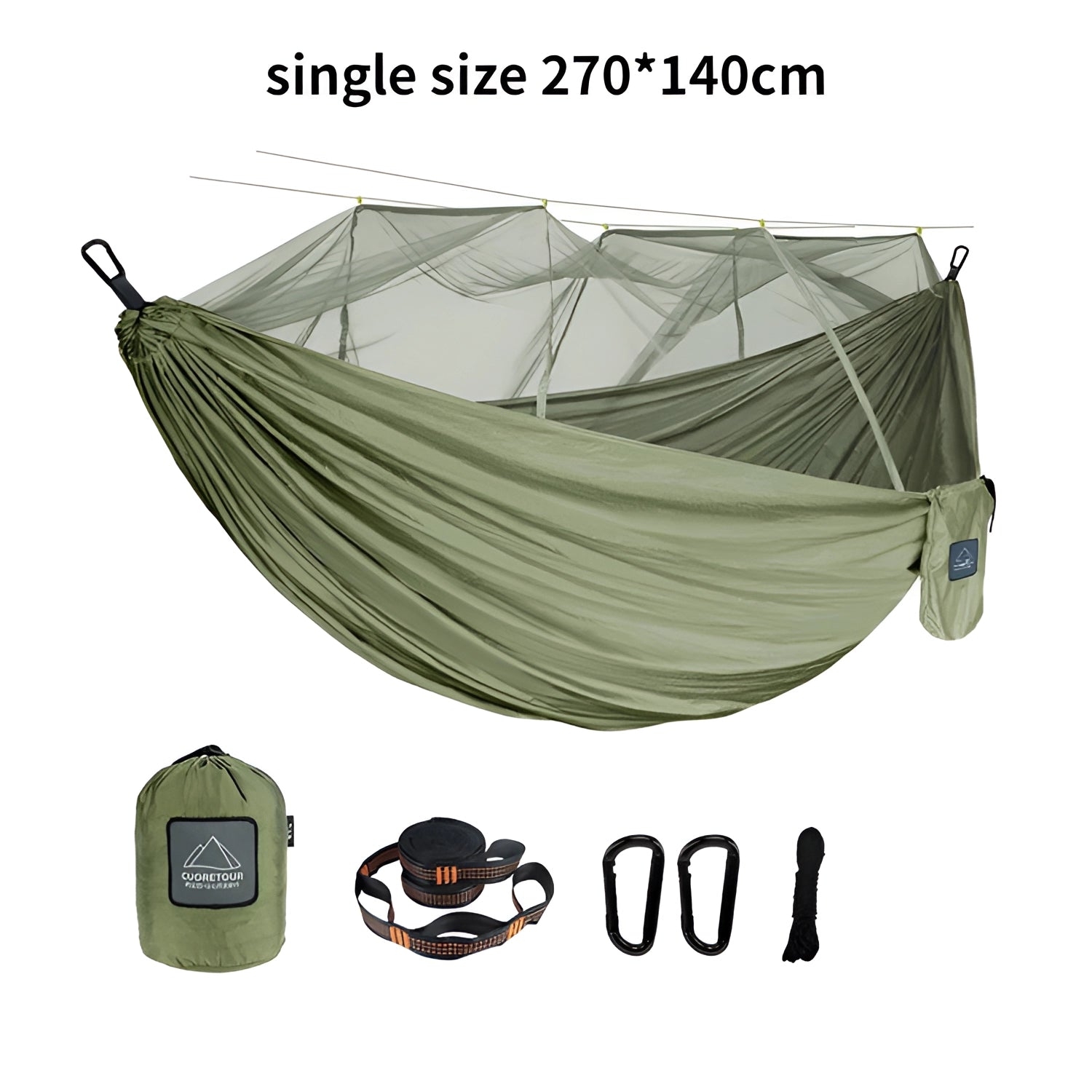 An army green portable double nylon camping hammock with a mosquito net, tree straps, and durable construction suitable for outdoor use.