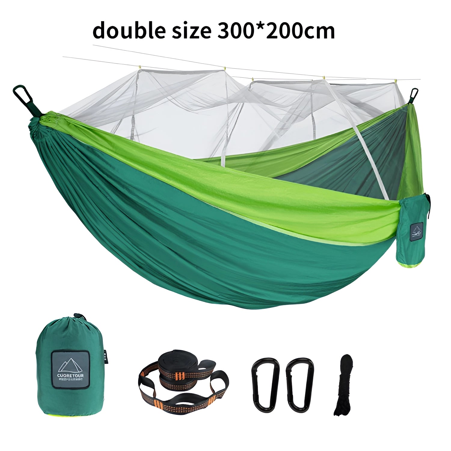 Portable double green nylon camping hammock with mosquito net and tree straps.