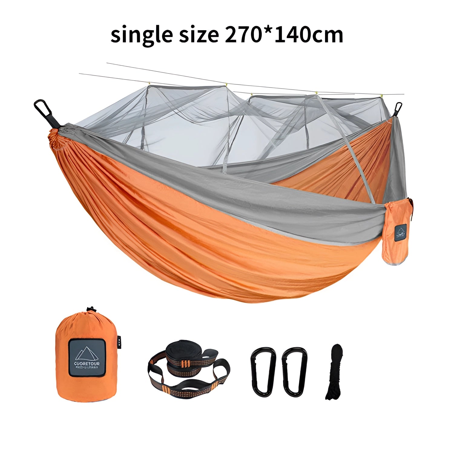 Portable double nylon camping hammock in single orange grey color with mosquito net and tree straps displayed outdoors.