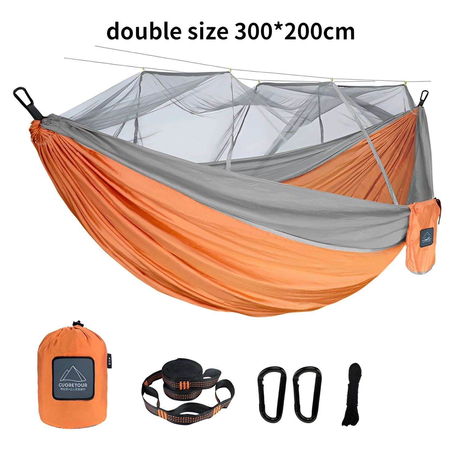 Portable double nylon camping hammock in orange and grey with mosquito net and tree straps.