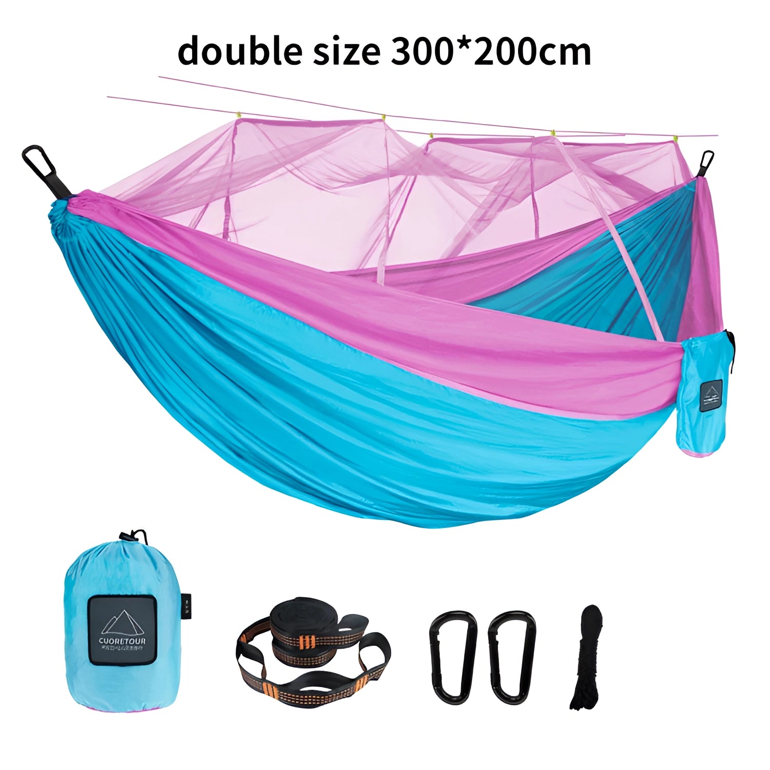 Portable double nylon camping hammock in blue and pink with mosquito net and tree straps.