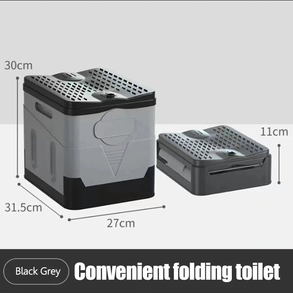 Portable foldable toilet, lightweight and compact, shown in a waterproof design ideal for camping.