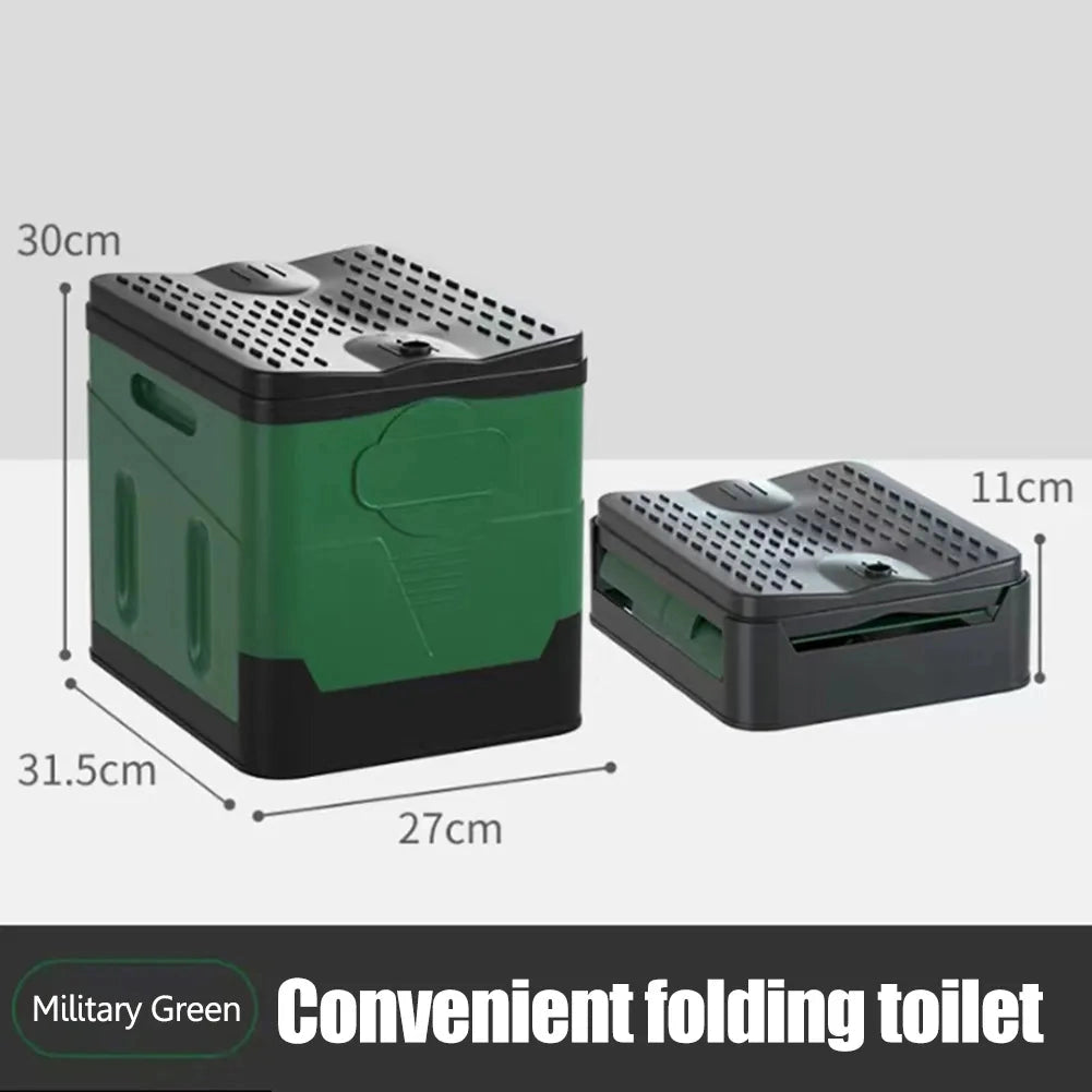 Portable foldable toilet in a compact, lightweight design, ideal for camping, featuring a waterproof surface and rectangular shape.