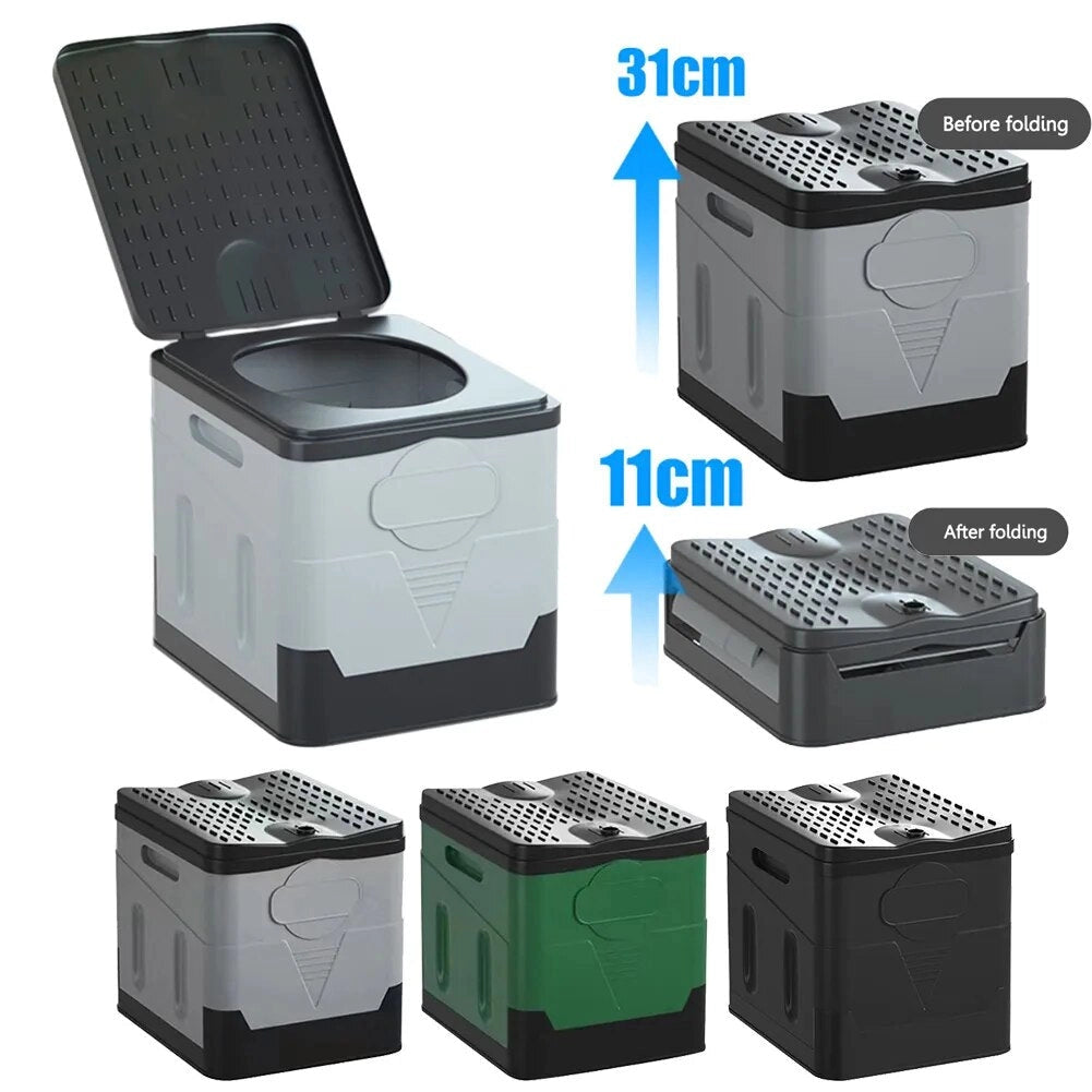 Portable foldable toilet in black with a compact and lightweight design, suitable for camping and outdoor activities.