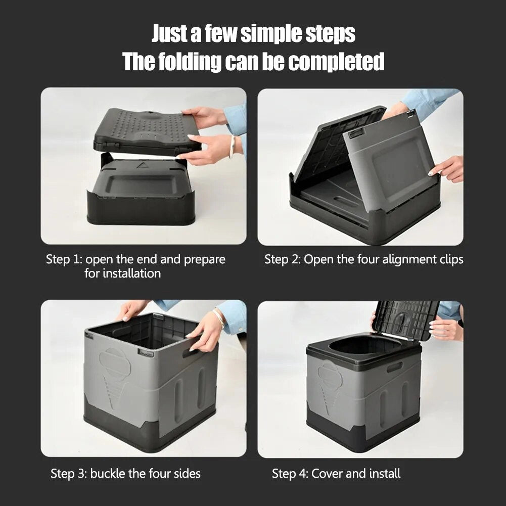 Portable foldable toilet, lightweight and compact, shown in a waterproof design for camping.