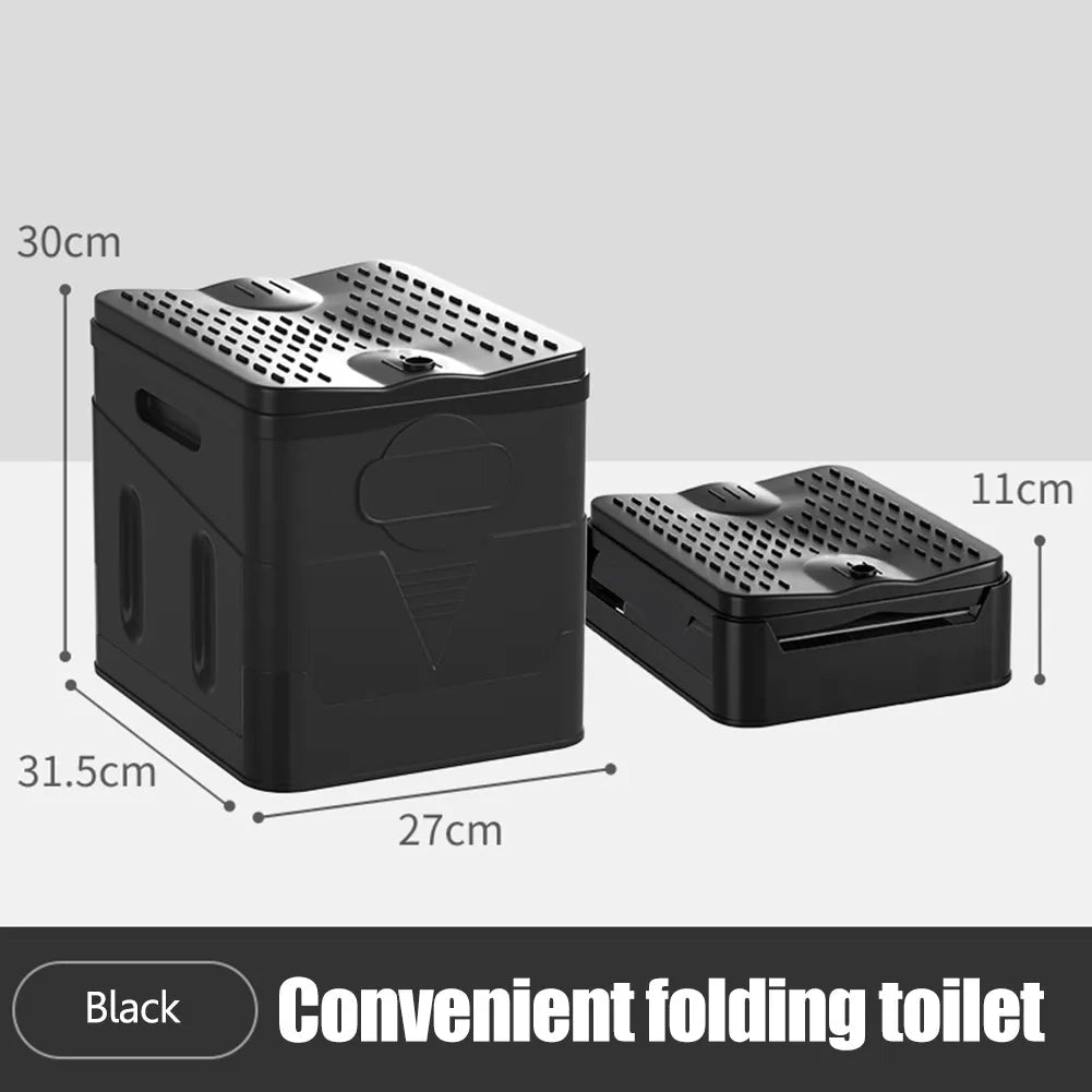 Portable foldable toilet, lightweight and compact, shown in a rectangular shape, designed for camping, waterproof material, suitable for outdoor use.