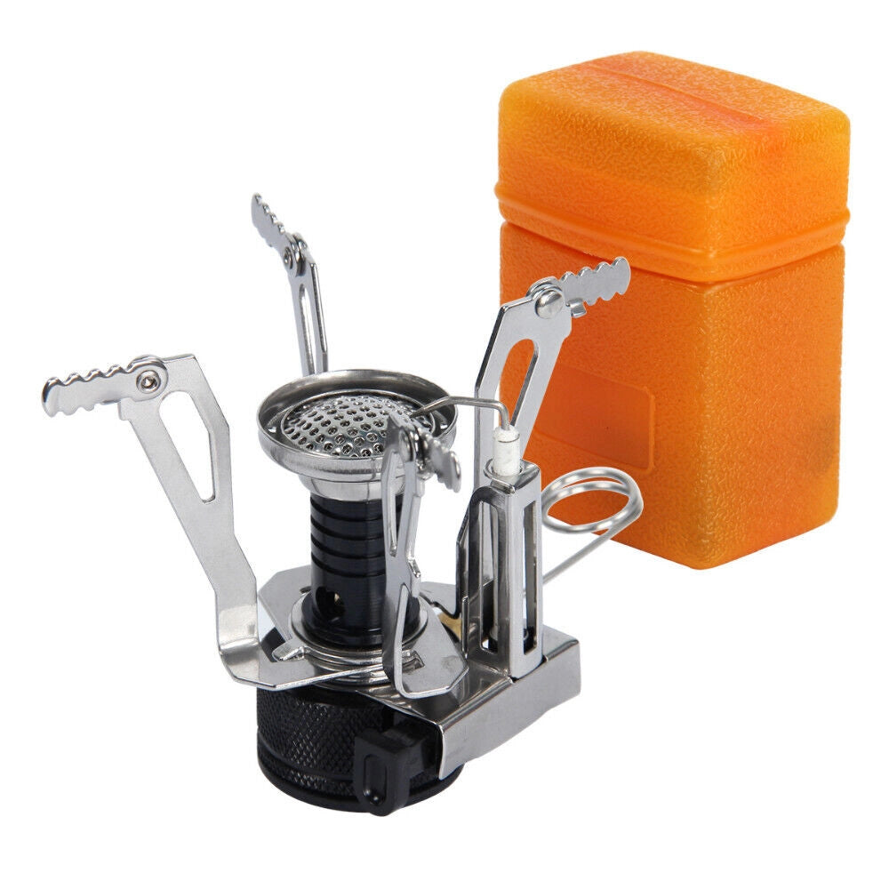 Portable gas stove with a durable design and high-efficiency burner, suitable for family camping, featuring a gas cylinder and plastic components.