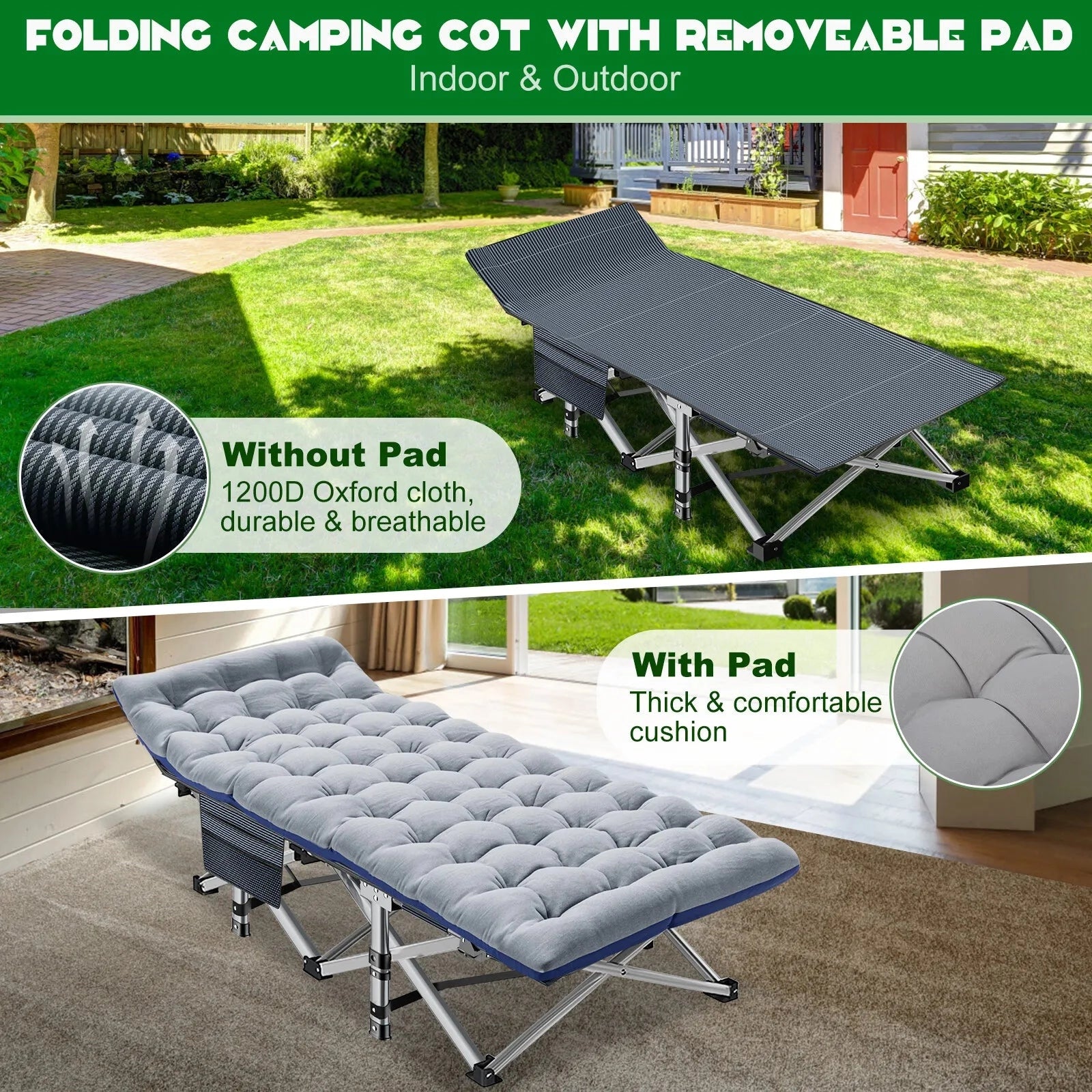 Portable lightweight folding camping cot set up on grass in a shaded area surrounded by greenery and trees.