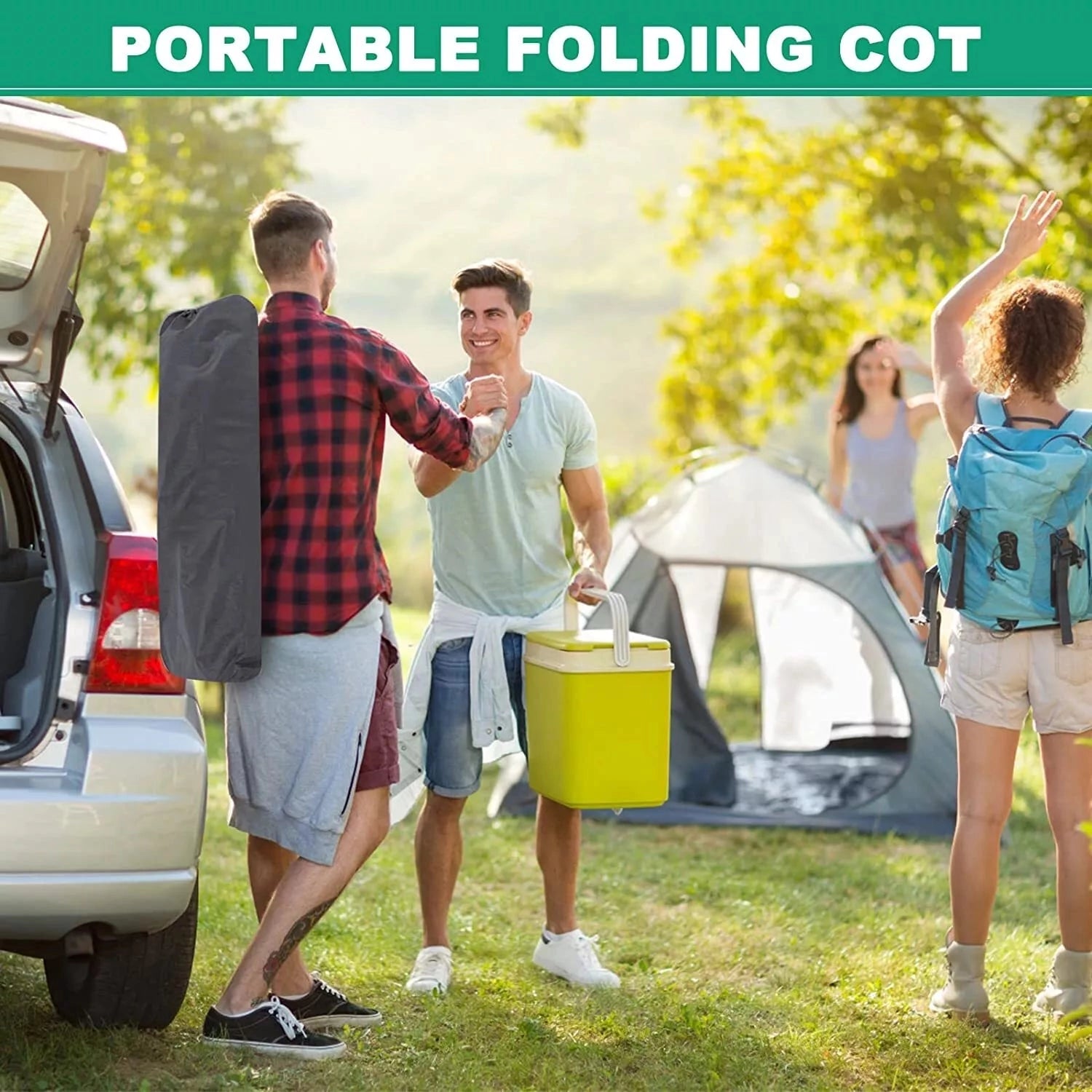 A portable lightweight folding camping cot set up outdoors on grass under a clear sky, with a parked car visible in the background.