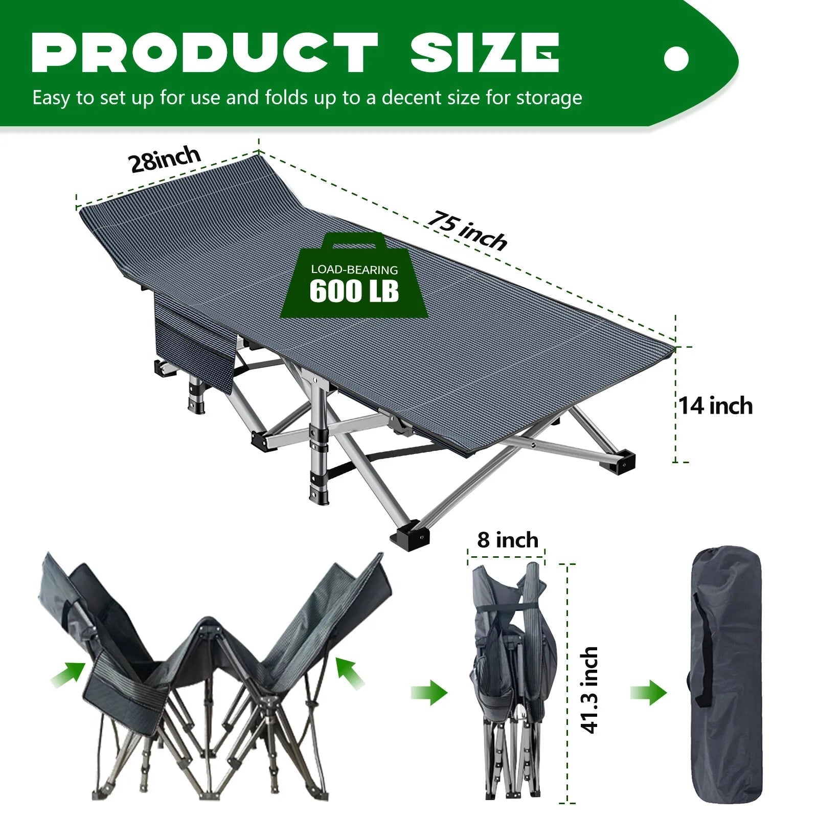 Portable lightweight folding camping cot, durable and waterproof, shown in an easy setup configuration.