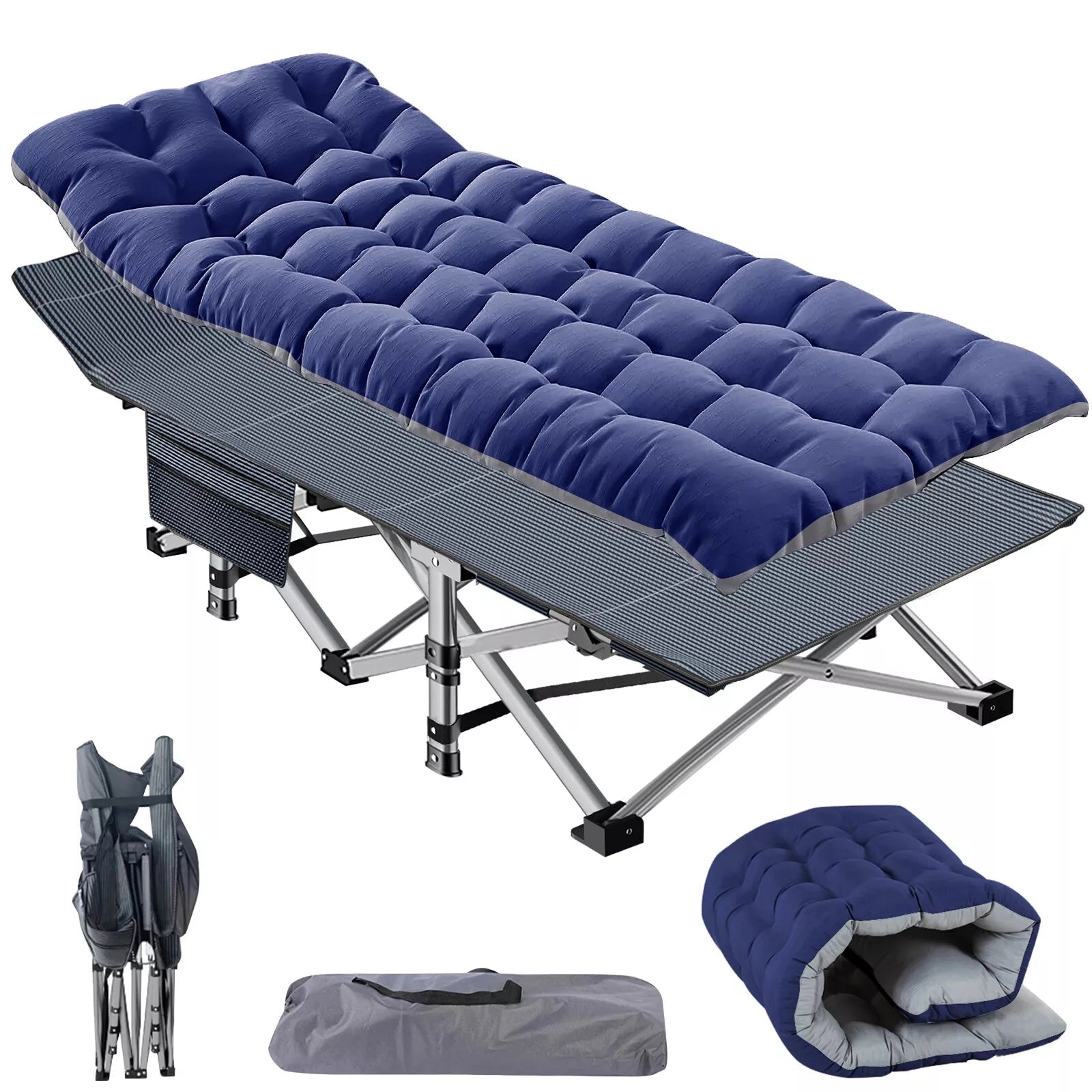 A portable lightweight folding camping cot with a blue mattress, designed for durability, waterproof capabilities, and easy setup, displayed outdoors.