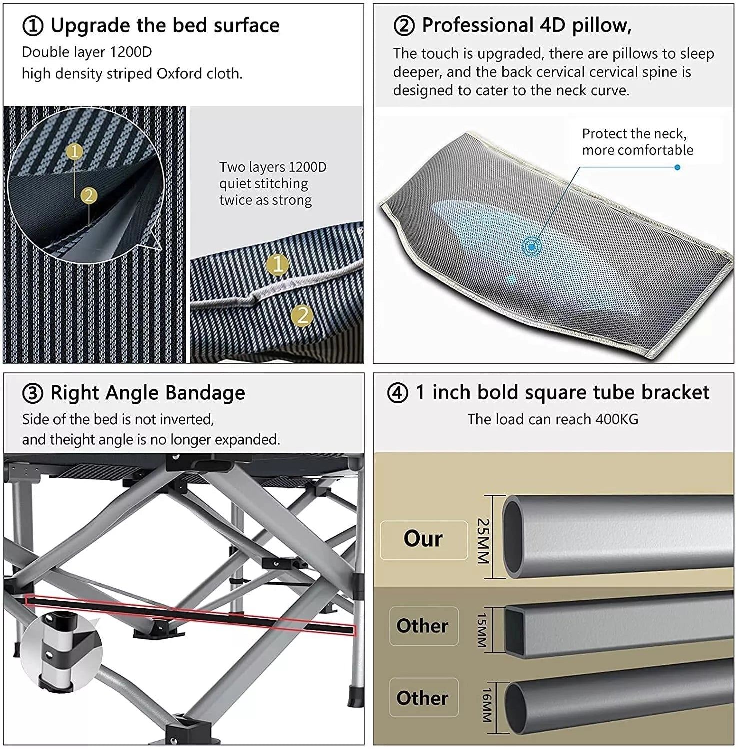 Portable lightweight folding camping cot, durable and waterproof, shown setup with a rectangular frame and parallel support structure.