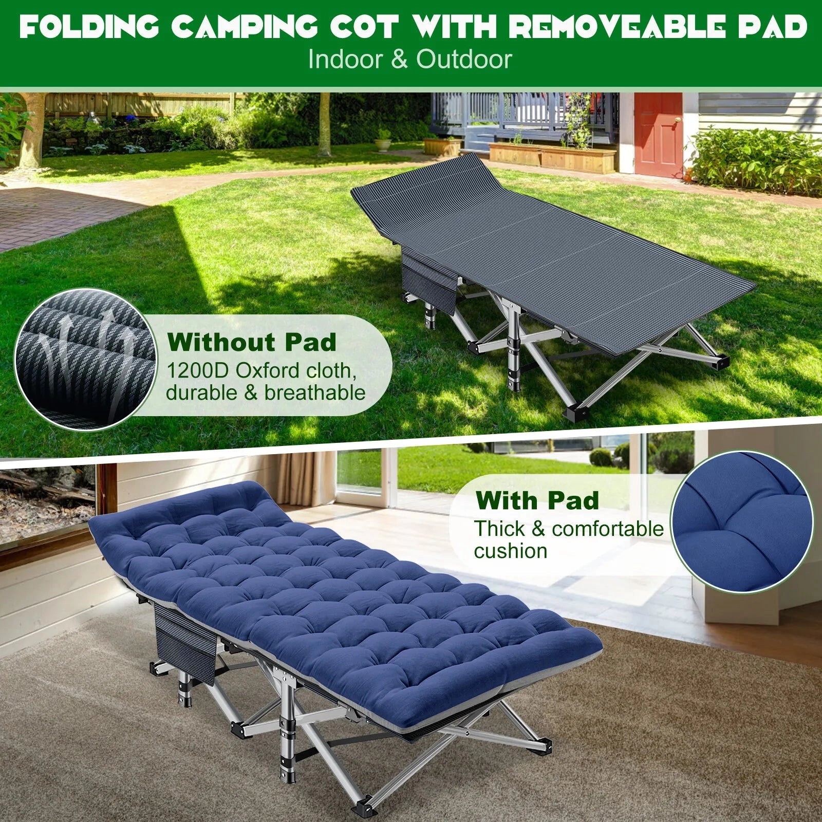 Portable lightweight folding camping cot set up on grass in a sunny outdoor setting surrounded by nature.