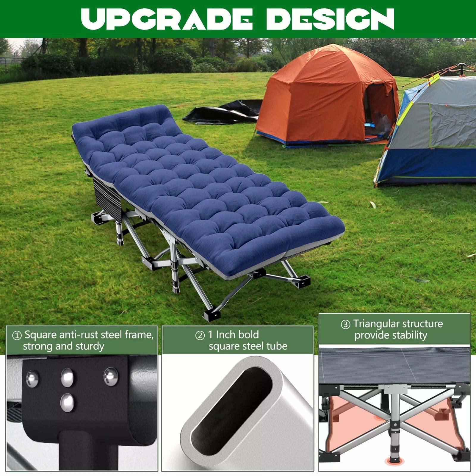 Portable lightweight folding camping cot set up outdoors on grass, next to a tent and under a tarpaulin for shade.