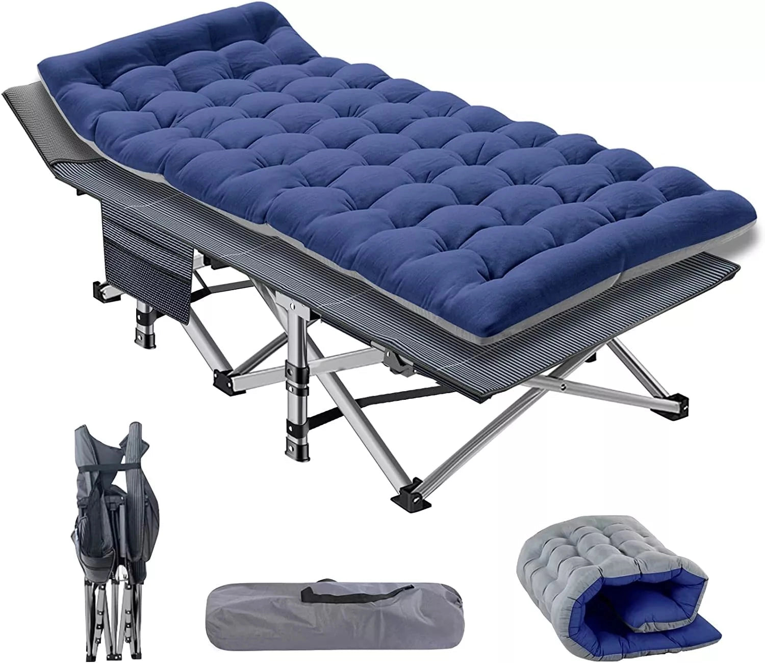 Portable lightweight folding camping cot in blue and black, featuring a durable and waterproof surface, easily setup for outdoor comfort.