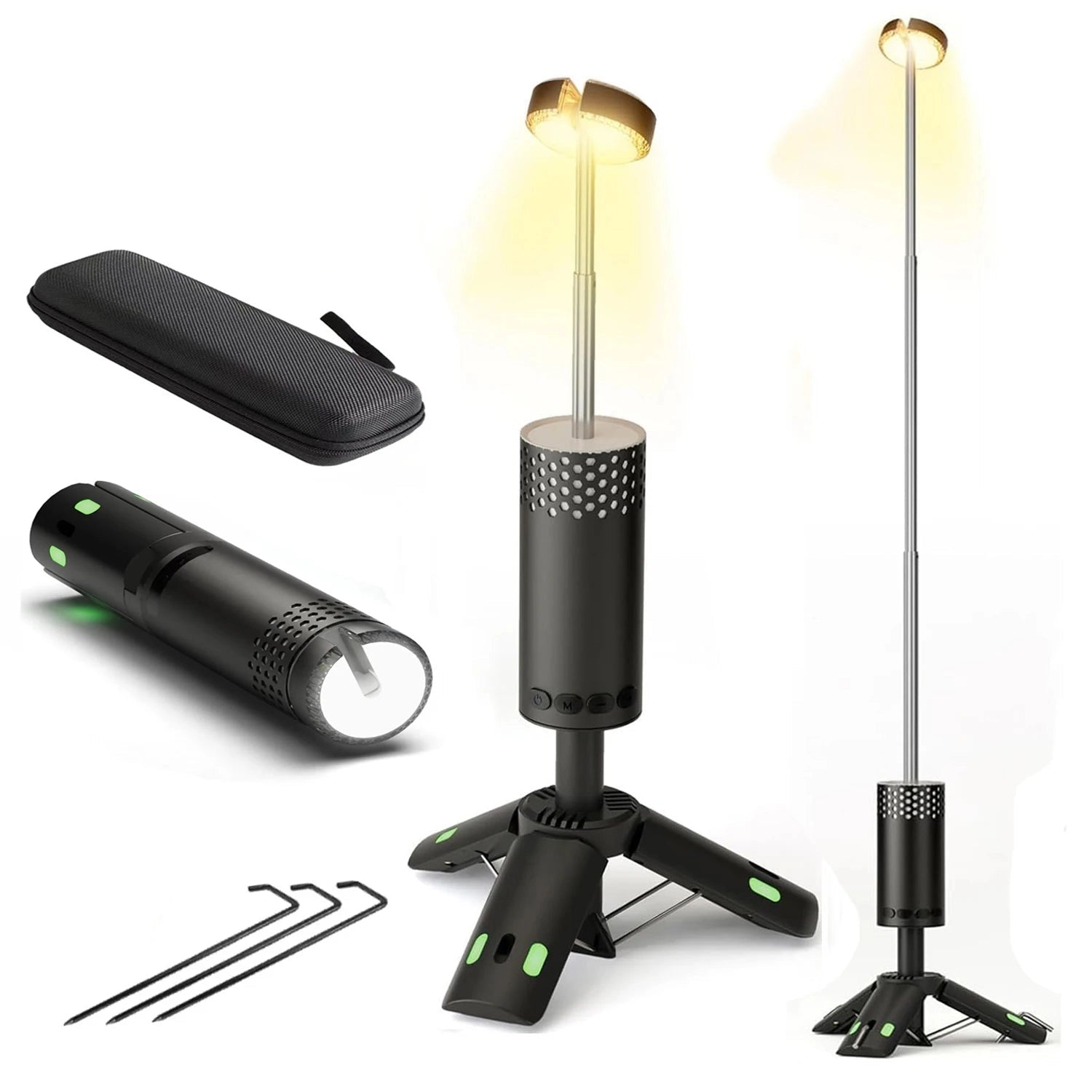 Portable rechargeable telescopic LED camping lantern, waterproof, 10000mAh, extended and illuminated.