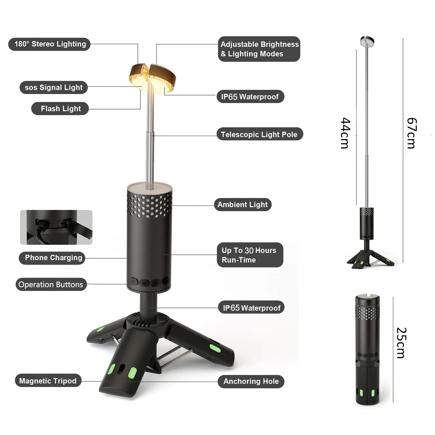 Portable Rechargeable Telescopic LED Camping Lantern with 10000mAh battery, waterproof design, shown with extended and collapsed views.