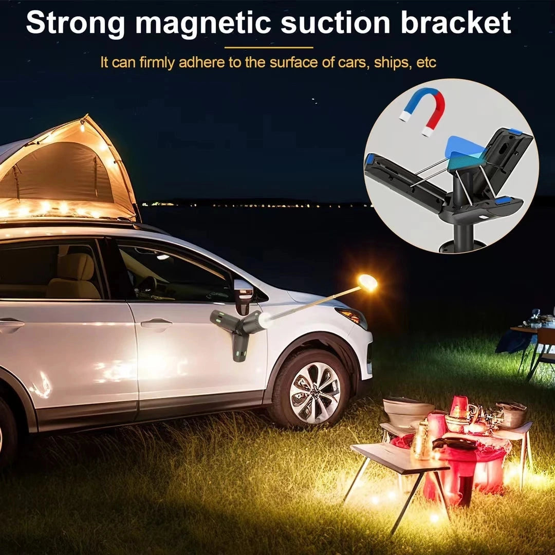 Portable rechargeable telescopic LED camping lantern with 10000mAh battery, waterproof, placed next to a car tire.