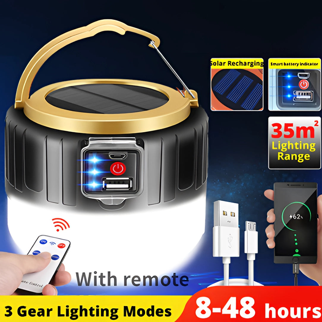 Portable solar camping lantern with waterproof LED light and remote control displayed on a plain background.